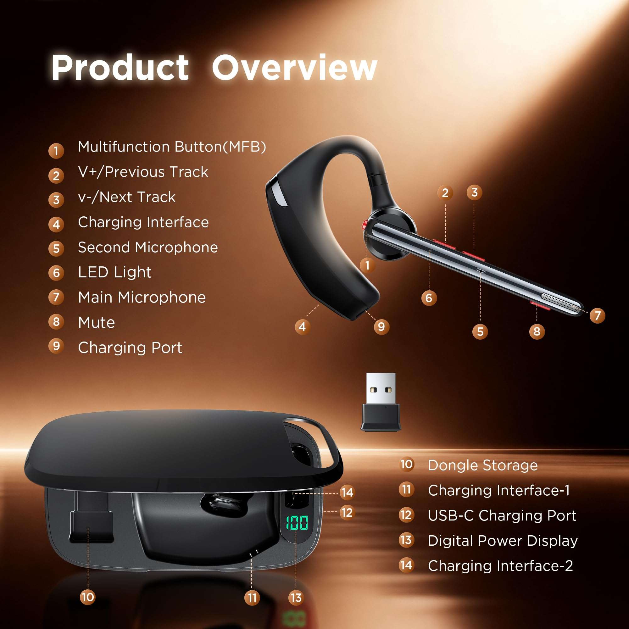 COMEXION Bluetooth Headset V5.3, Wireless Headset with Dual Noise-Canceling Mics, Portable Charging Case, 300H Standby Time, Hands Free Headphones for Computer/Cell Phones, Trucker/Home/Office/Work 5
