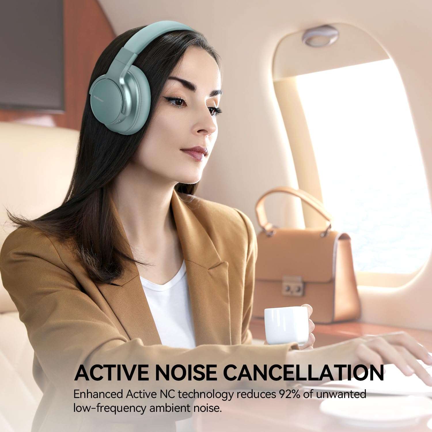 AUSDOM Wireless Noise Cancelling Headphones Bluetooth, E7 Over-Ear ANC Headphones with Microphone, 50Hrs Playtime, Hi-Fi Stereo Sound, USB C Charge, Comfortable Earpads for Travel Work, Mint Green 2