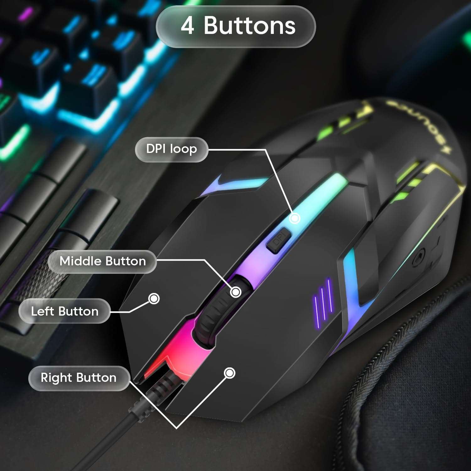 Sounce Nitro Wired Gaming USB Mouse 800/1200/1600 DPI Optical Sensor, 4-Level Adjustable DPI, RGB Lighting, Smooth Tracking, Ergonomic Grip, Plug & Play for Laptop & PC (Black) 6