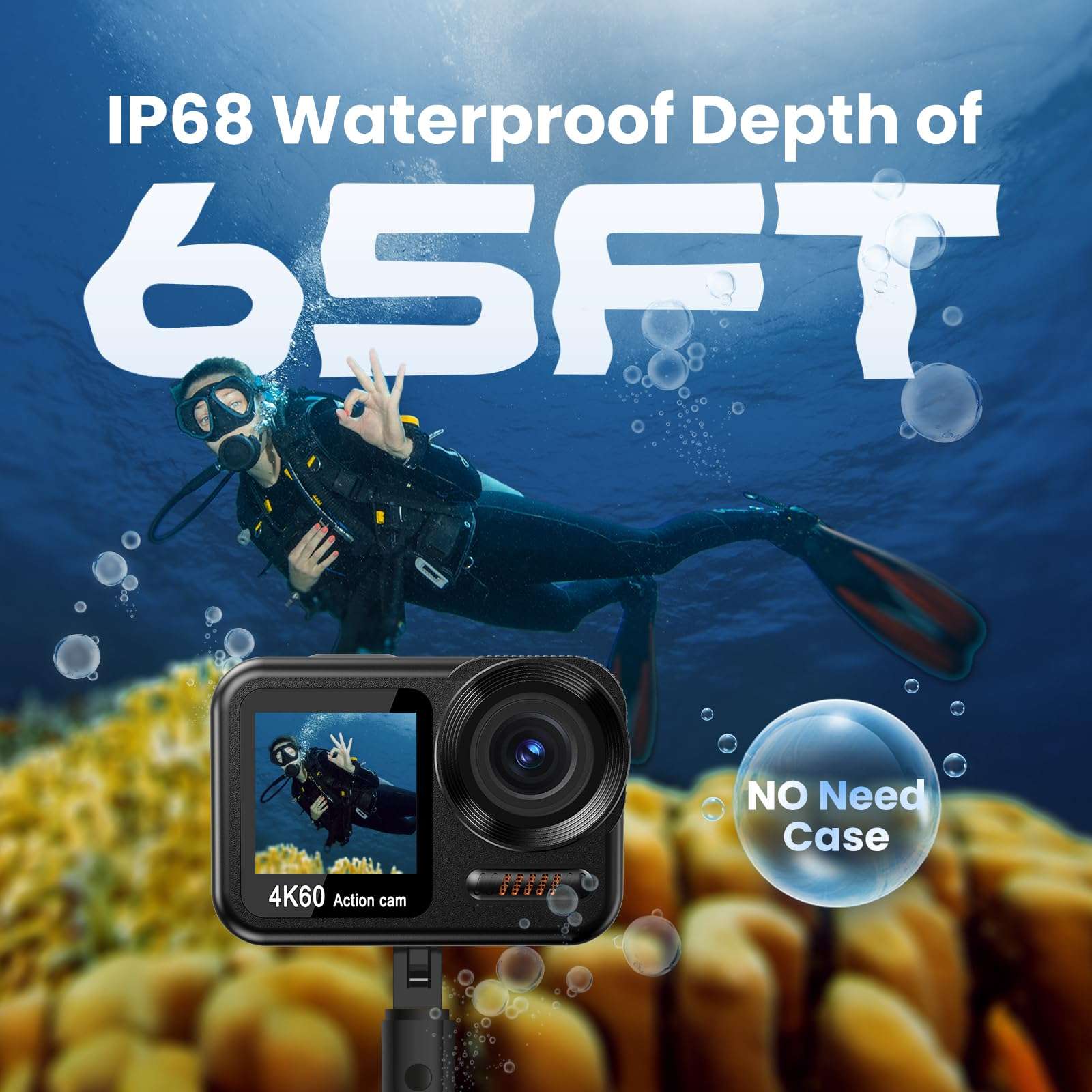 Upgrade 4K60FPS WiFi Action Camera 64MP Waterproof Camera with Touch Rear Screen, 8X Zoom Underwater Camera Snorkeling 65FT No Need a Waterproof Case with 64GB Card, Ideal for Travel Sports Vlog 4