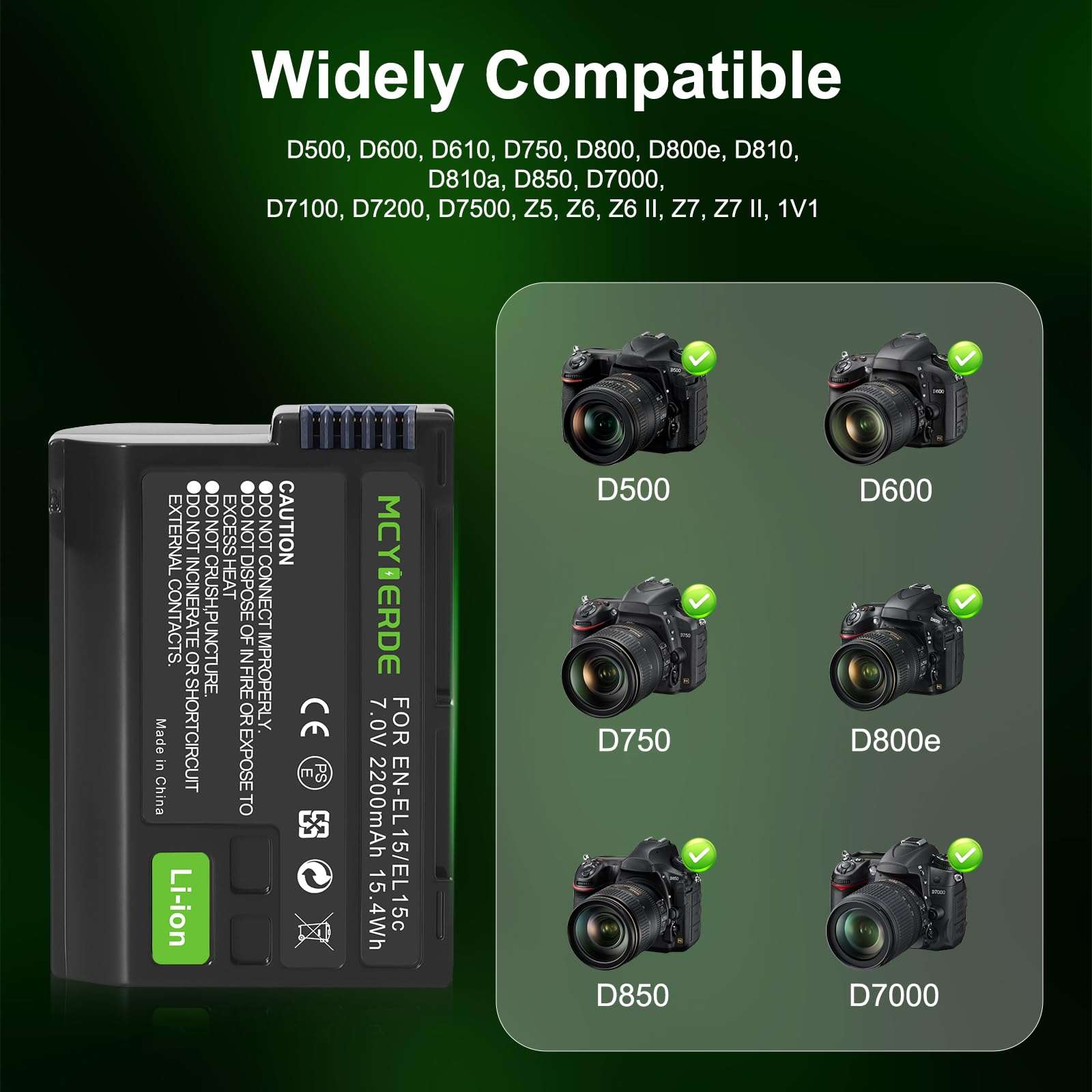 2-Pack EN-EL15 EN-EL15a Battery with Dual USB Charger Compatible with Nikon Z6 Z7 D750 D850 D7000 D7100 D7200 D7500 D500 D600 D610 D780 D800 D800e D810 D810a Cameras 3