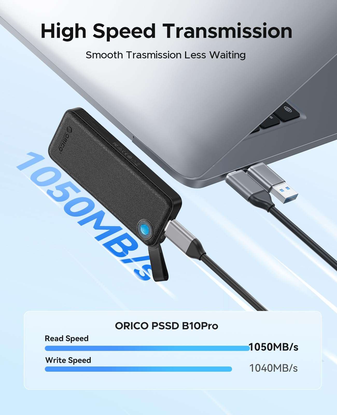 ORICO 512GB External SSD, Up to 1050MB/s, Compact with 2 in 1 USB C & A Cable, External Solid State Drives, Reliable Storage for USB C Smartphone, Tablet, PC - B10PRO 3