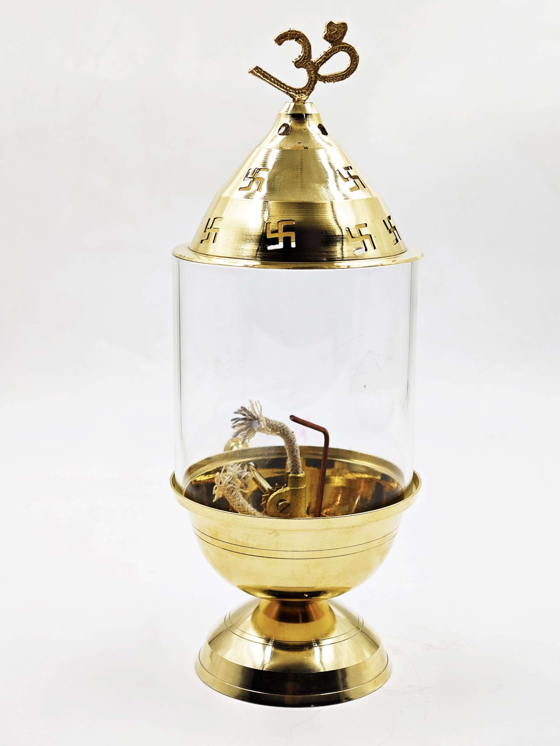 Ein Sof Akhand Diya for Pooja with Adjustable Bati (9 inches)- Large Size Brass Diyas with Wick Lifting Screw Lever & Borosilicate Glass Cover for Home Decoration , Puja & Gifting (150ml , 48 Hour) 1