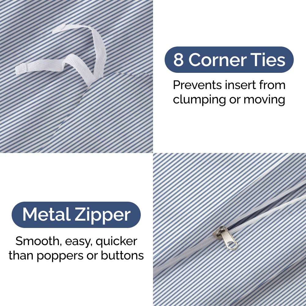 Cal King Size Flat Bed Sheet + Duvet Cover Bundle - Hotel Luxury Single Flat Bottom Sheet Only - Fits Mattresses with Deep Pockets between 8 to 16 inches - Breathable and Wrinkle Free - Blue Stripes 4