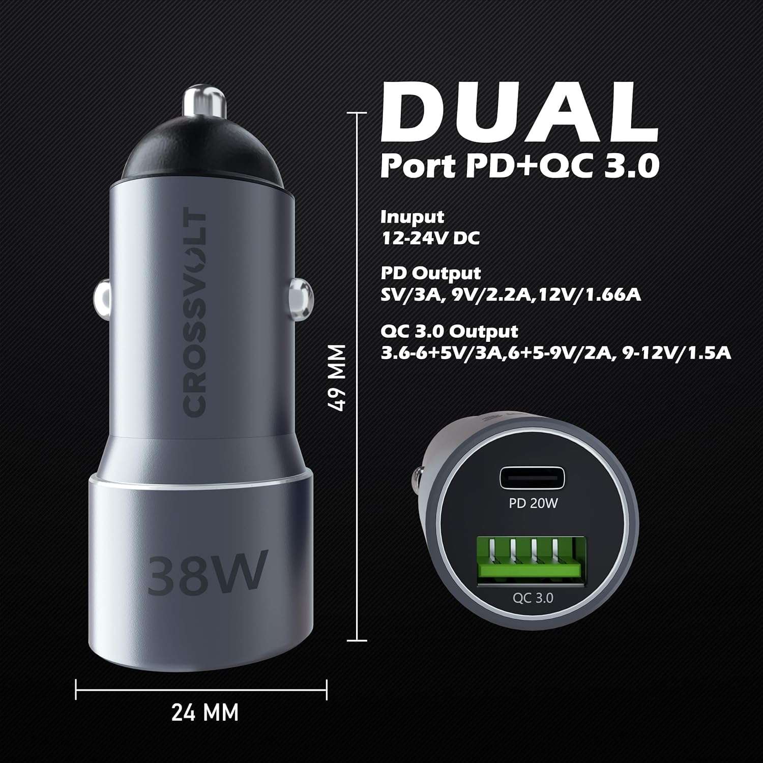 CROSSVOLT 38W Fast Car Charger Adapter with Dual Output. Quick Charge, Type C PD 20W & Qualcomm 3.0 Compatible for iPhone, All Smartphones, Tablets & More(Silver) 6