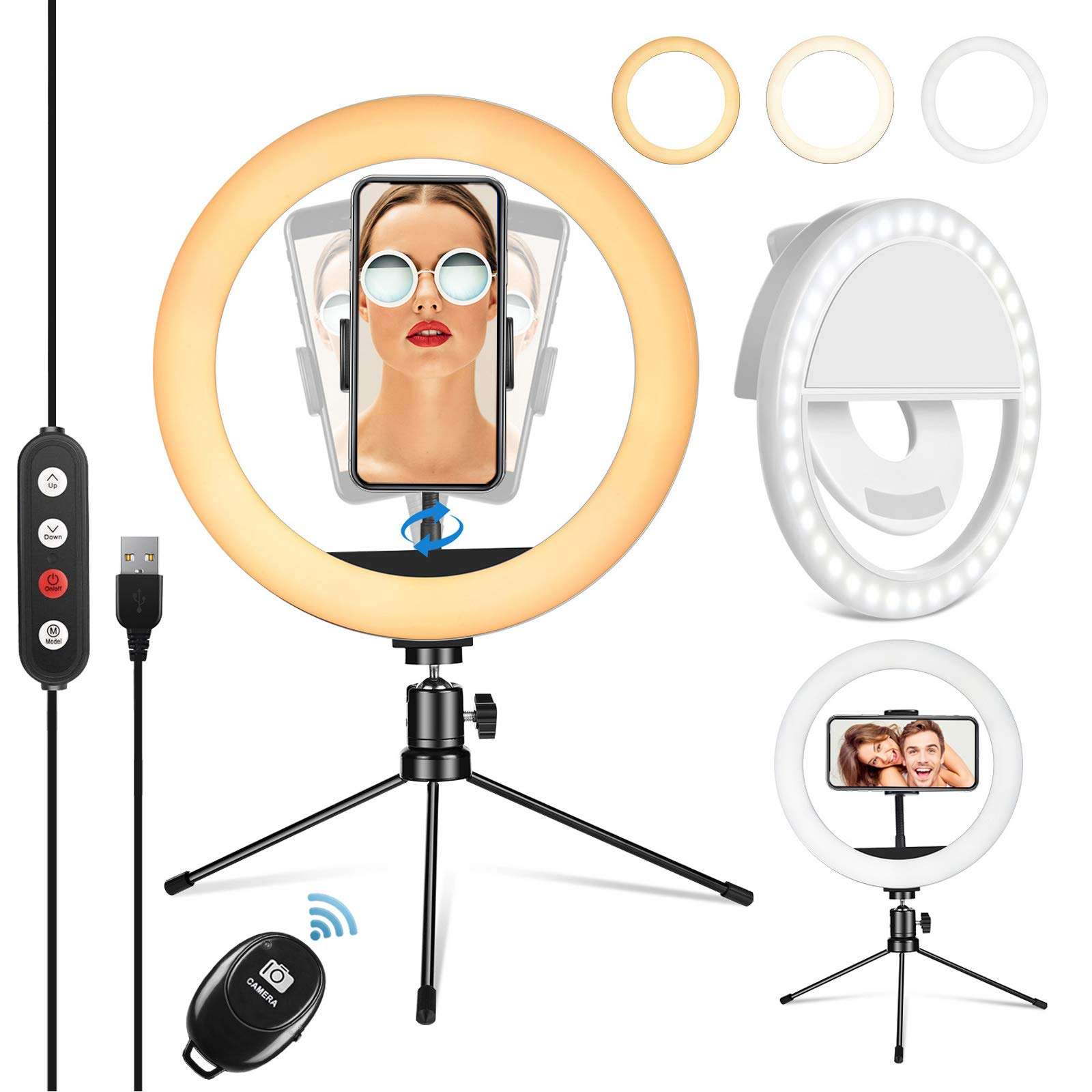 PEHESHE Ring Selfie LED Light 10" with Tripod Stand & Phone Holder Mini Dimmable Circle Light for Live Stream/Tiktok/YouTube/Makeup/Photography/Video 3 Light Modes 10 Brightness Level with Remote 1