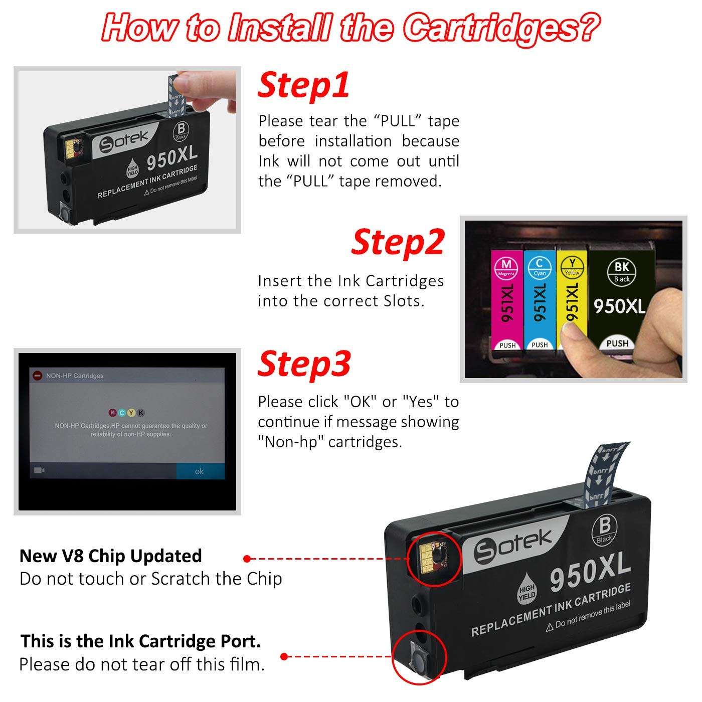Sotek 950XL 951XL 950 951 Compatible Ink Cartridges replacement, work for Officejet PRO 8630 8640 8660 8615 8625 251dw 271dw 8600 8610 8620 (New 2B/C/M/Y, 5 Pack) 6