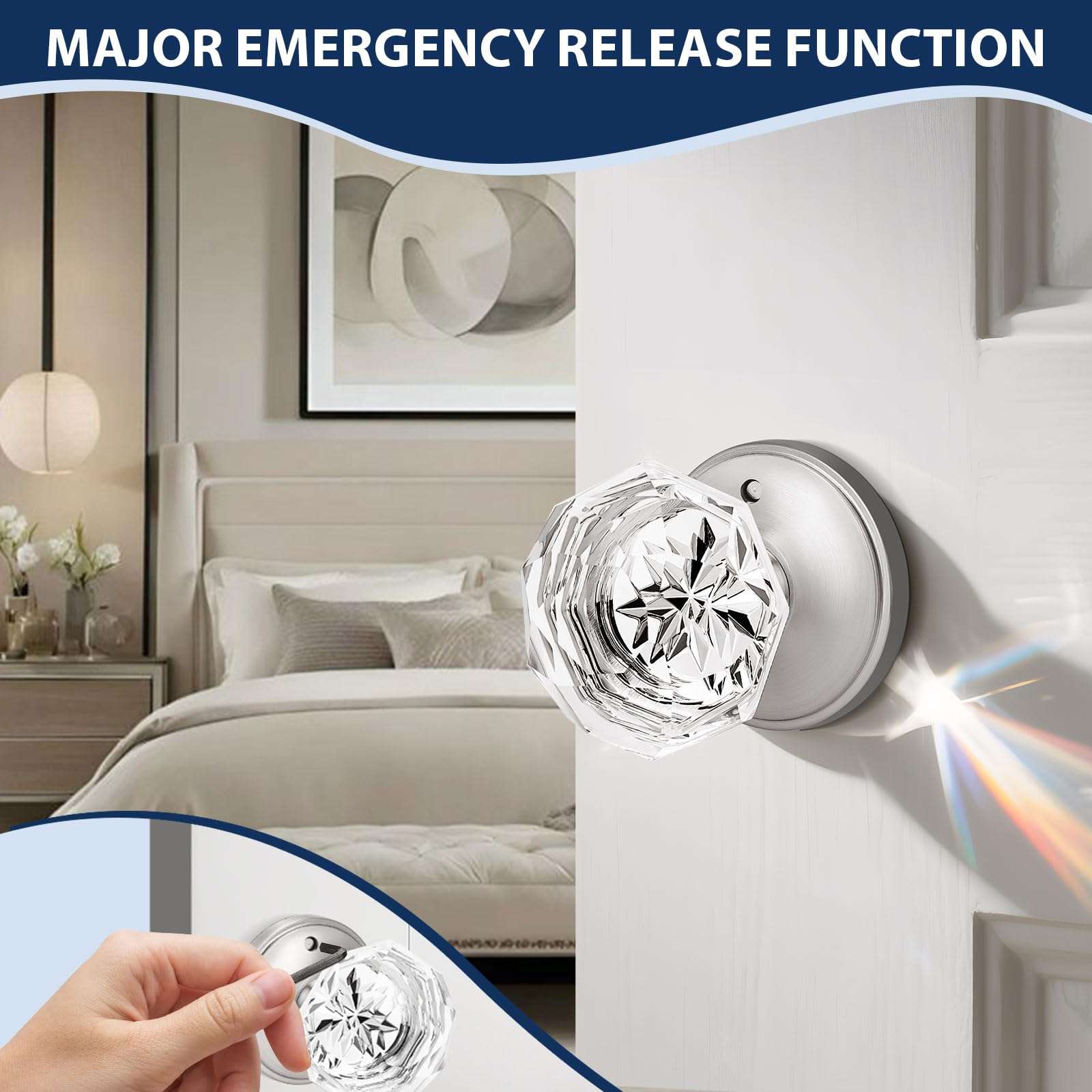 Orger 3 Pack Diamond Glass Door Knobs, Crystal Privacy Door Handles for Bedroom/Bathroom, Interior Keyless Door Knobs with Pin Lock, Satin Nickel Zinc Alloy Rosette 5