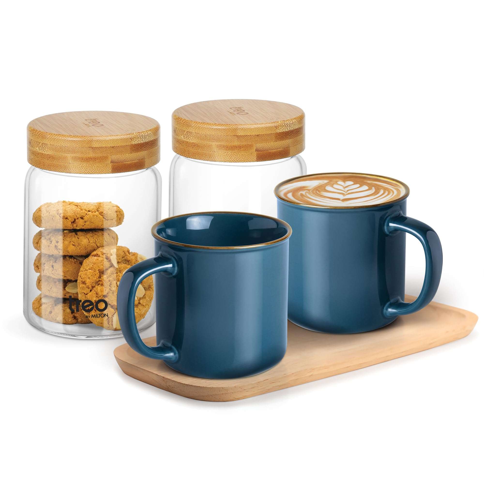 Treo by Milton Glare & Snacks 4 Pcs Gift Set | 2 Premium 240 ml Ceramic Mug, Dark Blue & 2 Airtight 500 ml Glass Jars, Transparent | Durable, Microwave-Safe Mugs | Perfect for Home, Office & Gifting 1