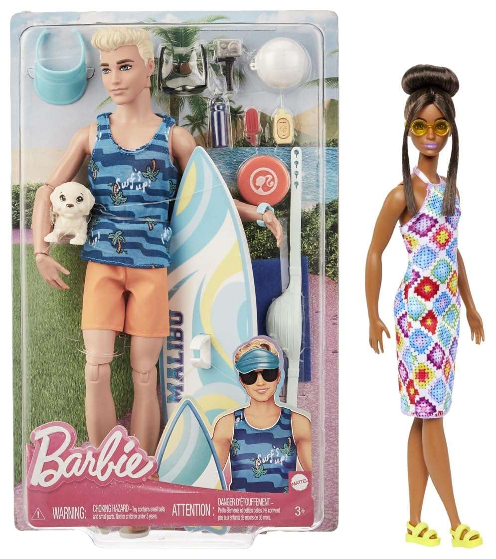Barbie ​Ken® Doll with Surfboard and Pet Puppy Fashionistas™ Doll #210 with Brown Hair in Bun, Wearing Colorful Crochet Halter Dress, Sunglasses and Sandals 1