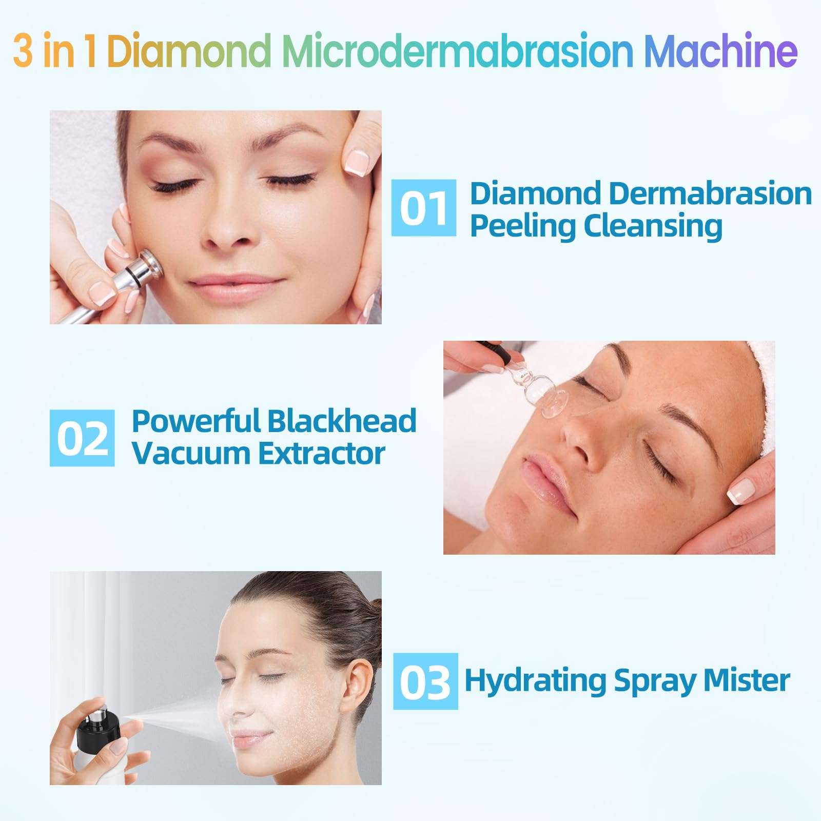 Diamond Micro-Derma-Dermabrasion Machine, 3 IN 1 Dermabrasion Facial Machine 0-68cmHg Suction Power, Professional Diamond Glow Facial Machine with Spray Kit, Home Use Facial Skin Care Equipment 3