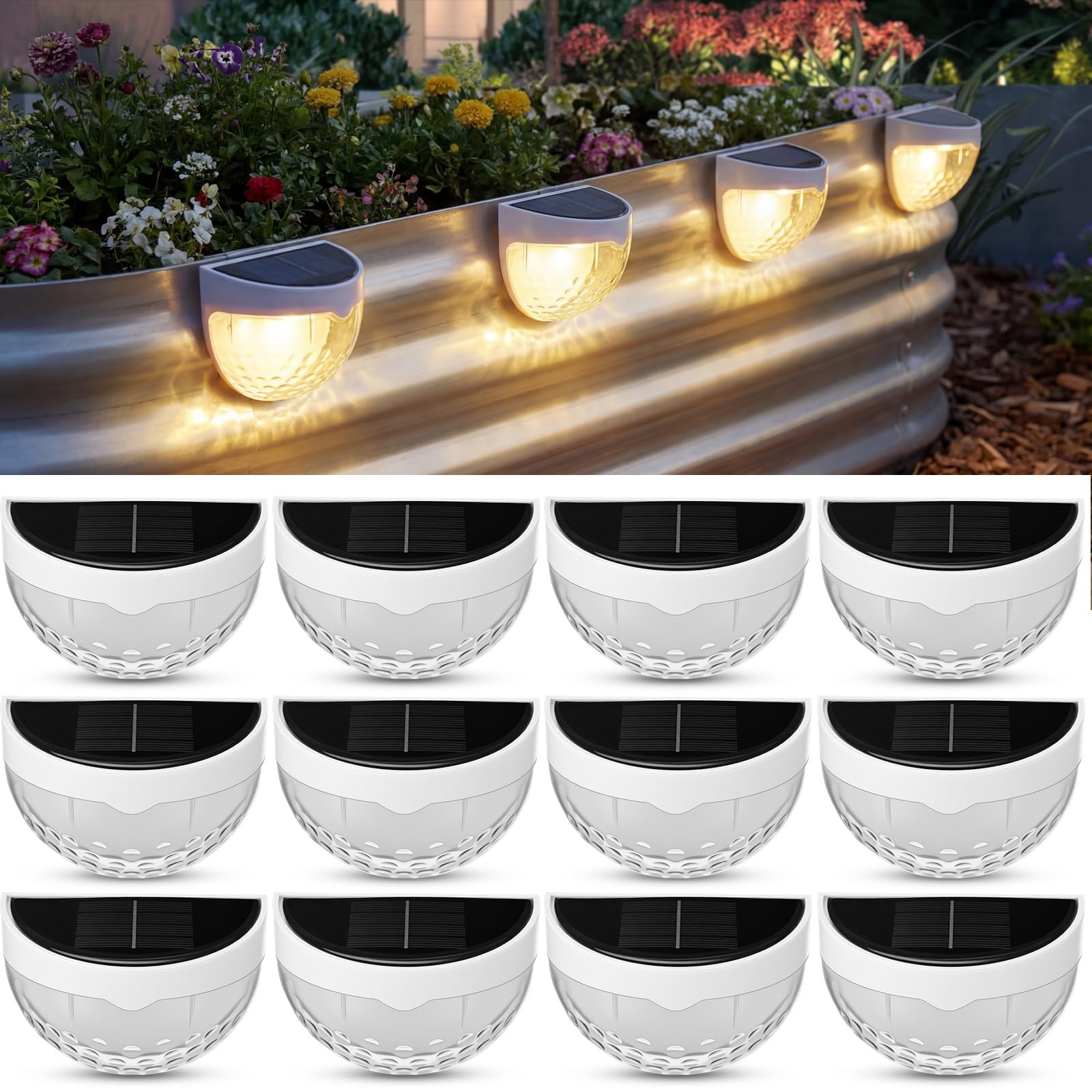 VIHOSE 12 Pack Raised Garden Bed Solar Lights Magnetic with Dusk to Dawn Sensors Wide Angle IPX4 Waterproof Solar Powered Lights Outdoor for Planter Raised Beds Garden Patio Yard Fence, Warm White