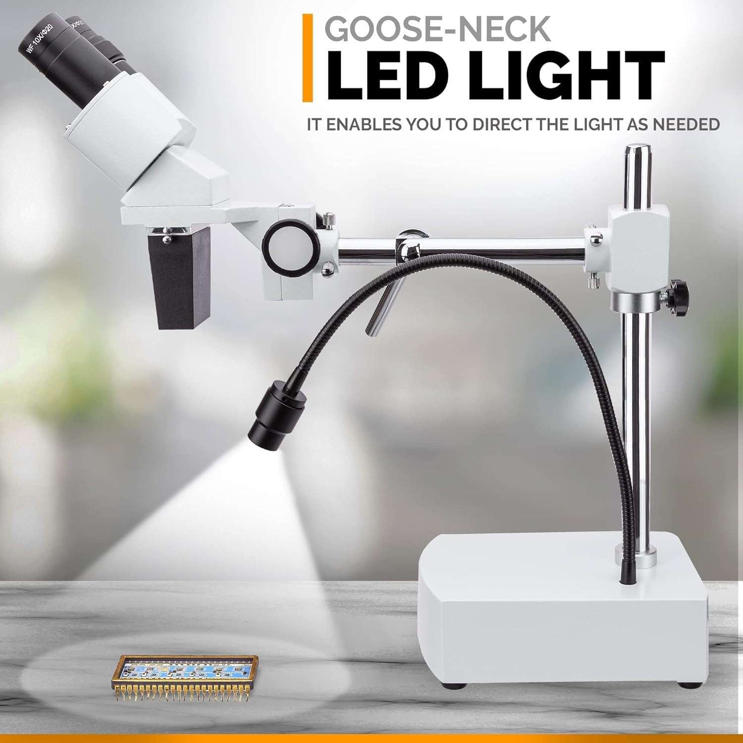 AmScope SE400 Professional Binocular Stereo Microscope, WF10x Eyepieces, 10X Magnification, 1X Objective, LED Lighting, Boom-Arm Stand, 110V-120V 3