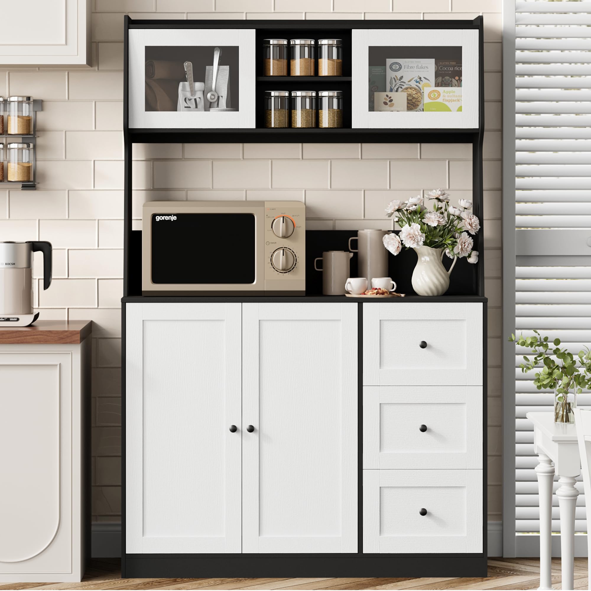 Kitchen Pantry Cabinet with Storage, Buffet Cabinet with Countertop for Microwave Stand, Tall Sideboard Storage Hutch Cabinets with LED, 3 Drawers & Adjustable Shelves for Dining Room, Black and White