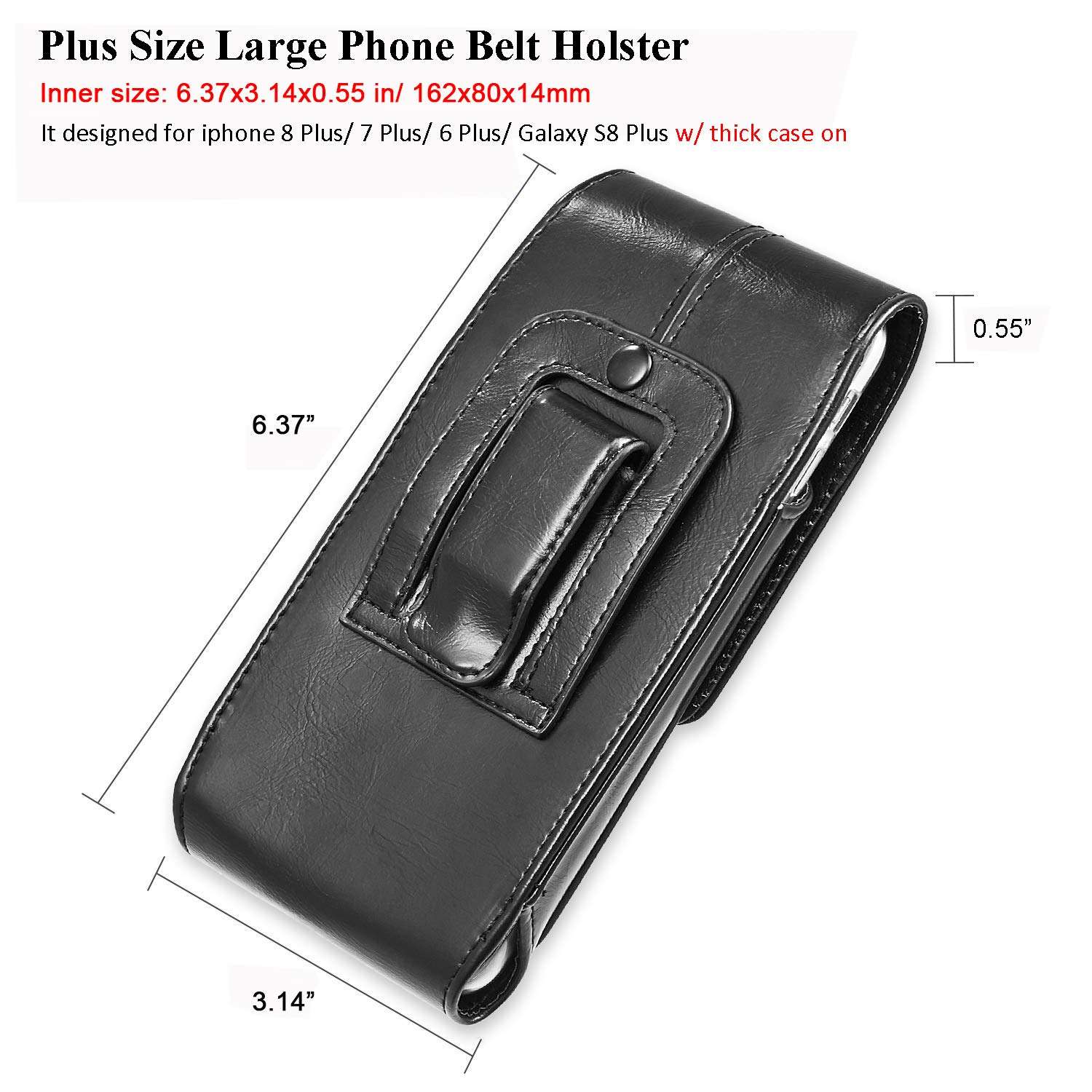 suily Cell Phone Belt Holster Waist Pouch, 5.5" Universal Vertical Leather Flip Cover Phone Belt Clip Case Magnetic Closure Pouch for iPhone 6 Plus/7 Plus/8 Plus Samsung Android Phones(Black) 3