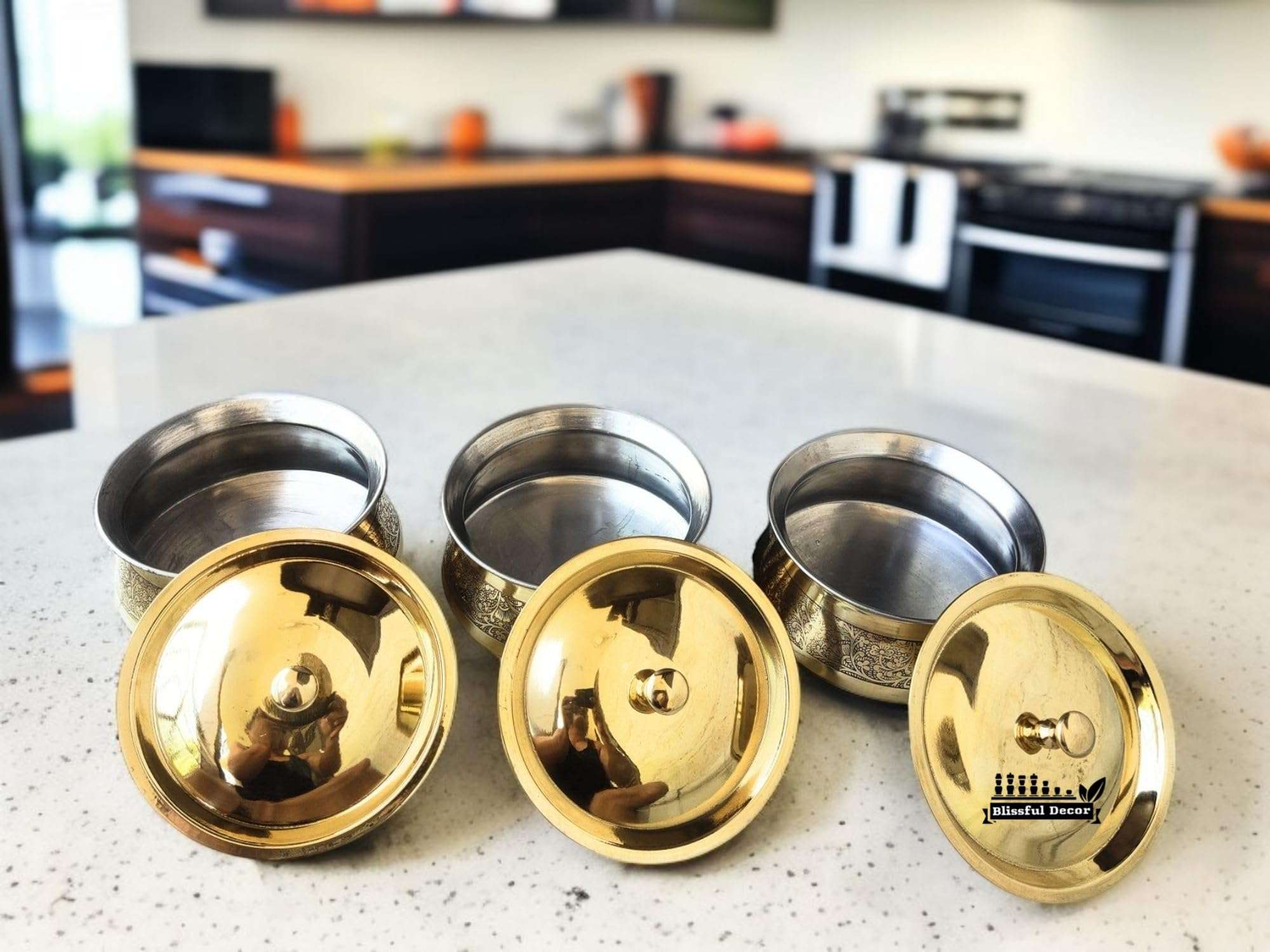 Blissful Decor Brass Kitchen Cooking Serving Pot |Biryani Handi|Embossed Design Casserole With Lid For Decoration Tableware, Home, Hotel, Restaurant Donga, (680 GMS each Capacity 1000 Ml) set of -3 6