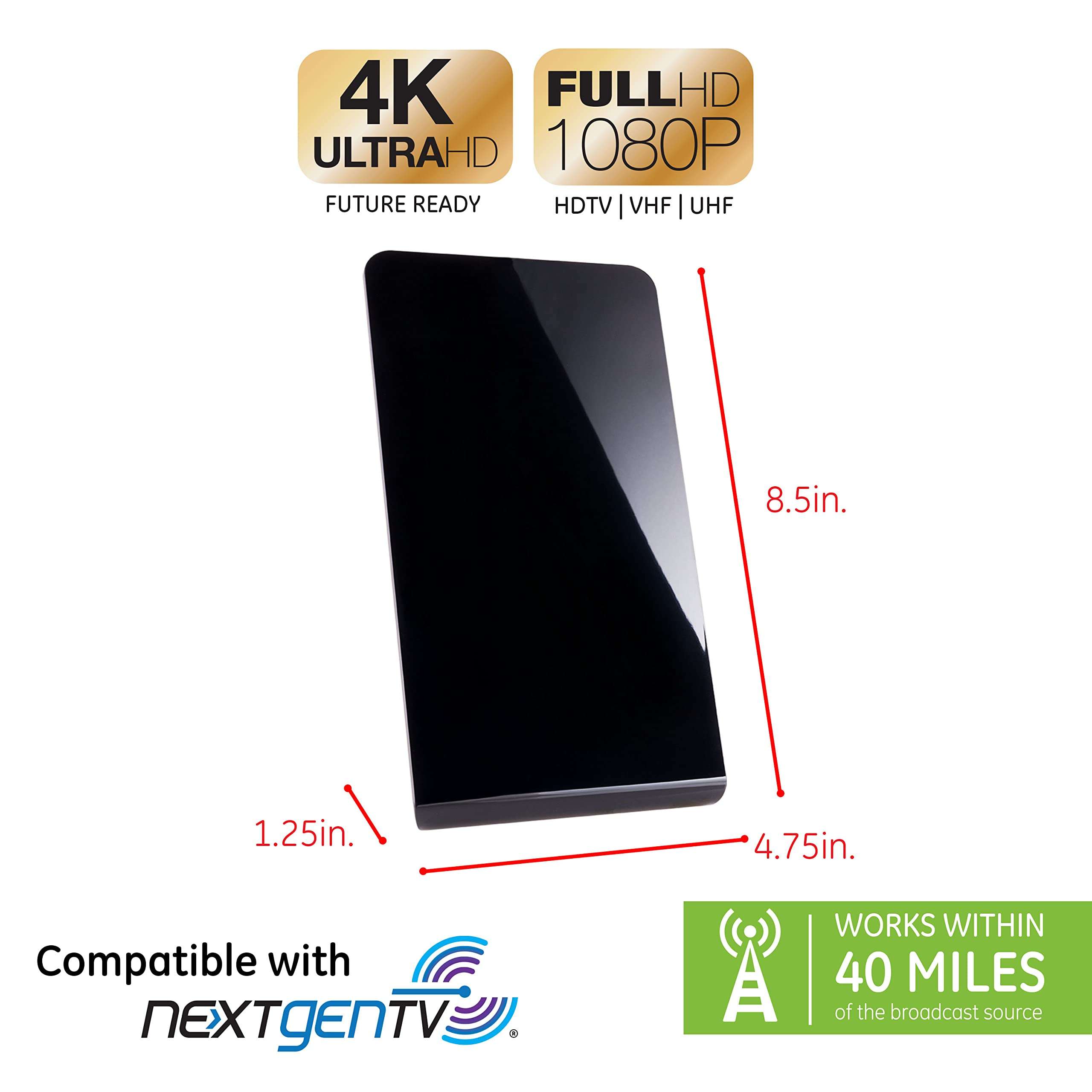 GE Flat Panel Indoor HD Digital TV Antenna, Long Range Smart TV Antenna, Supports 4K 1080P HD Smart TV VHF UHF, Extendable Dipole Rabbit Ears, Adjustable Stand, 5ft Coax HDTV Cable, 33681 3