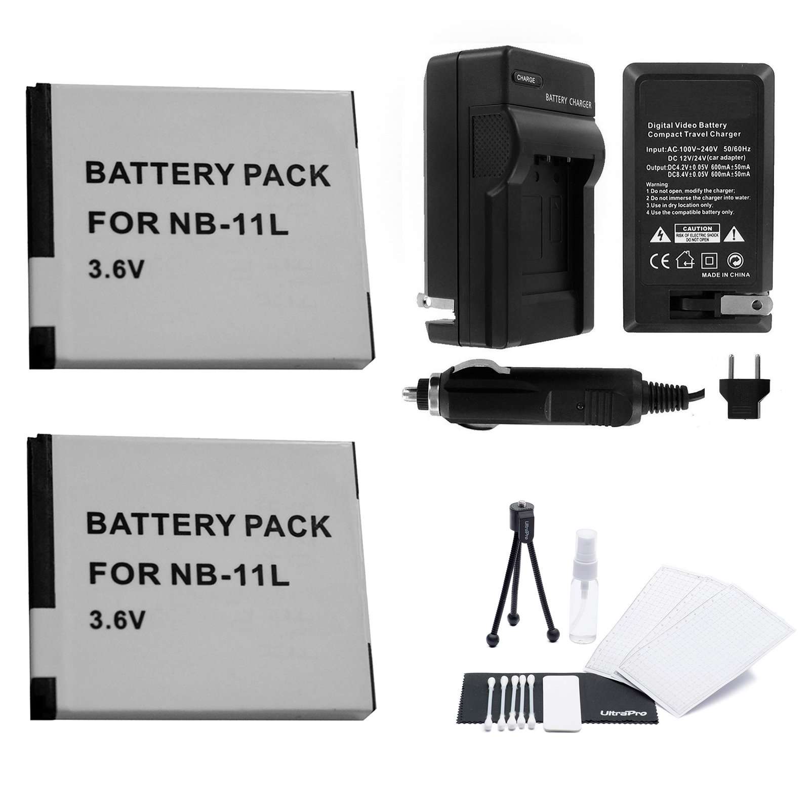 NB-11L / NB-11LH Battery 2-Pack Bundle with Rapid Travel Charger and UltraPro Accessory Kit for Select Canon Cameras Including PowerShot A2300 IS A2400 IS A3400 IS A4000 IS ELPH 110HS ELPH 320HS 1