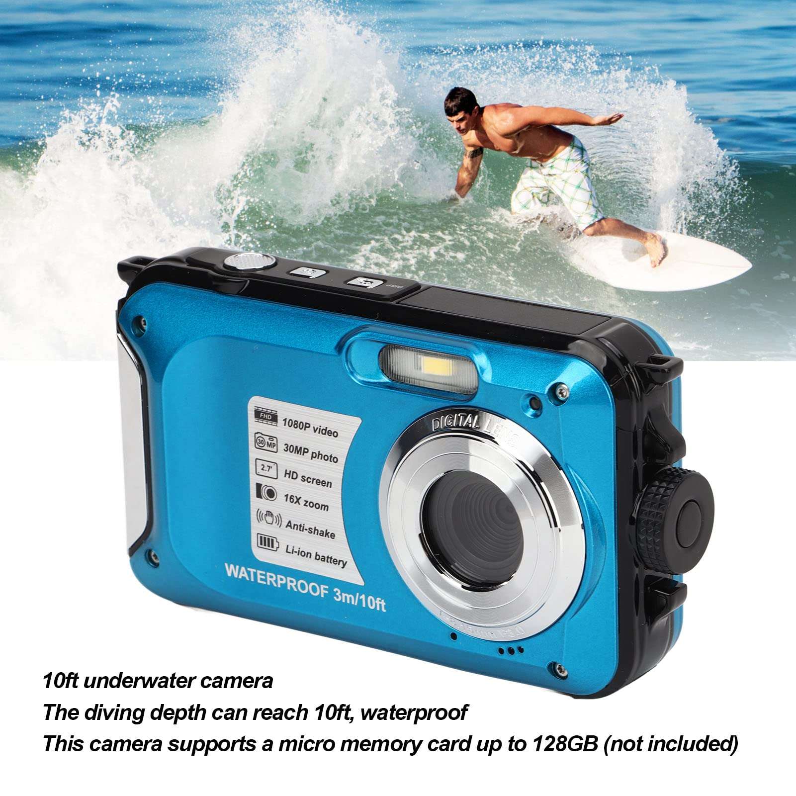 Digital Camera, 1080P 30MP 2.7 Inch Screen Underwater Camera,10FT for Snorkeling, Selfie Screen Design, Recording While Charging 3