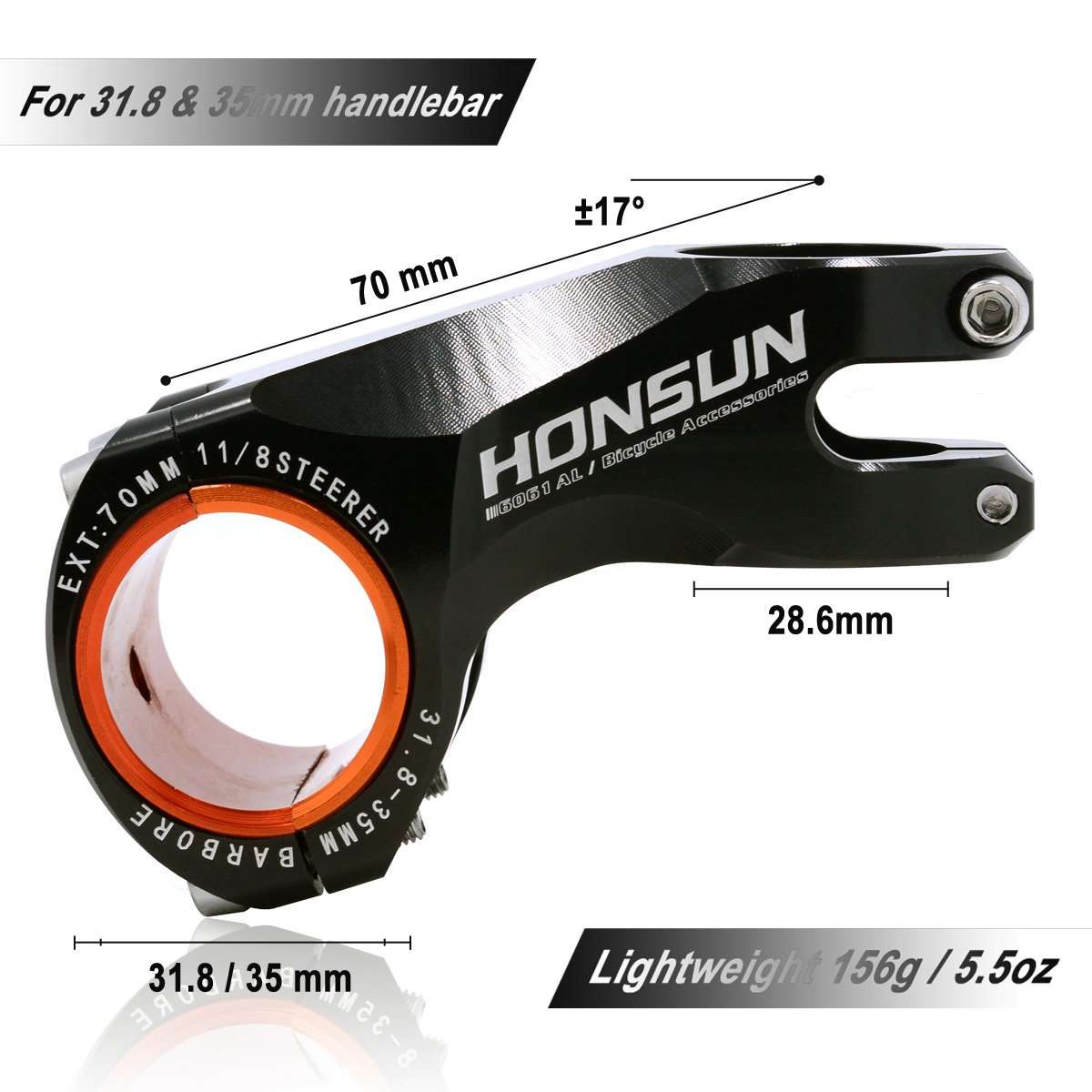 Felice Acekit Aluminum Alloy 31.8mm 7 Degree Bicycle Stem for Road Bike AM XC Mountain Bike with 1 1/8 Steer Tube and 1 1/4 Handlebar (Black II) 3