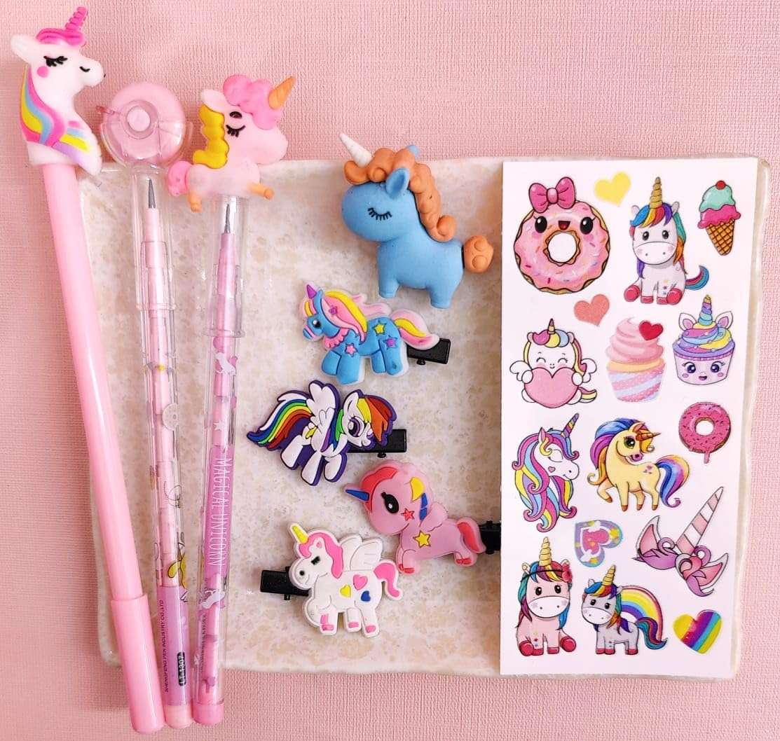 TERA 13 Unicorn Stationery Pouch Combo for Girls, Unicorn Pencil Pouch for Kids, Pen Pencil Eraser Kit for Girls Return Gifts for Girls Unicorn Birthday Gifts Stationery Set (Pack of 7 Items) 5