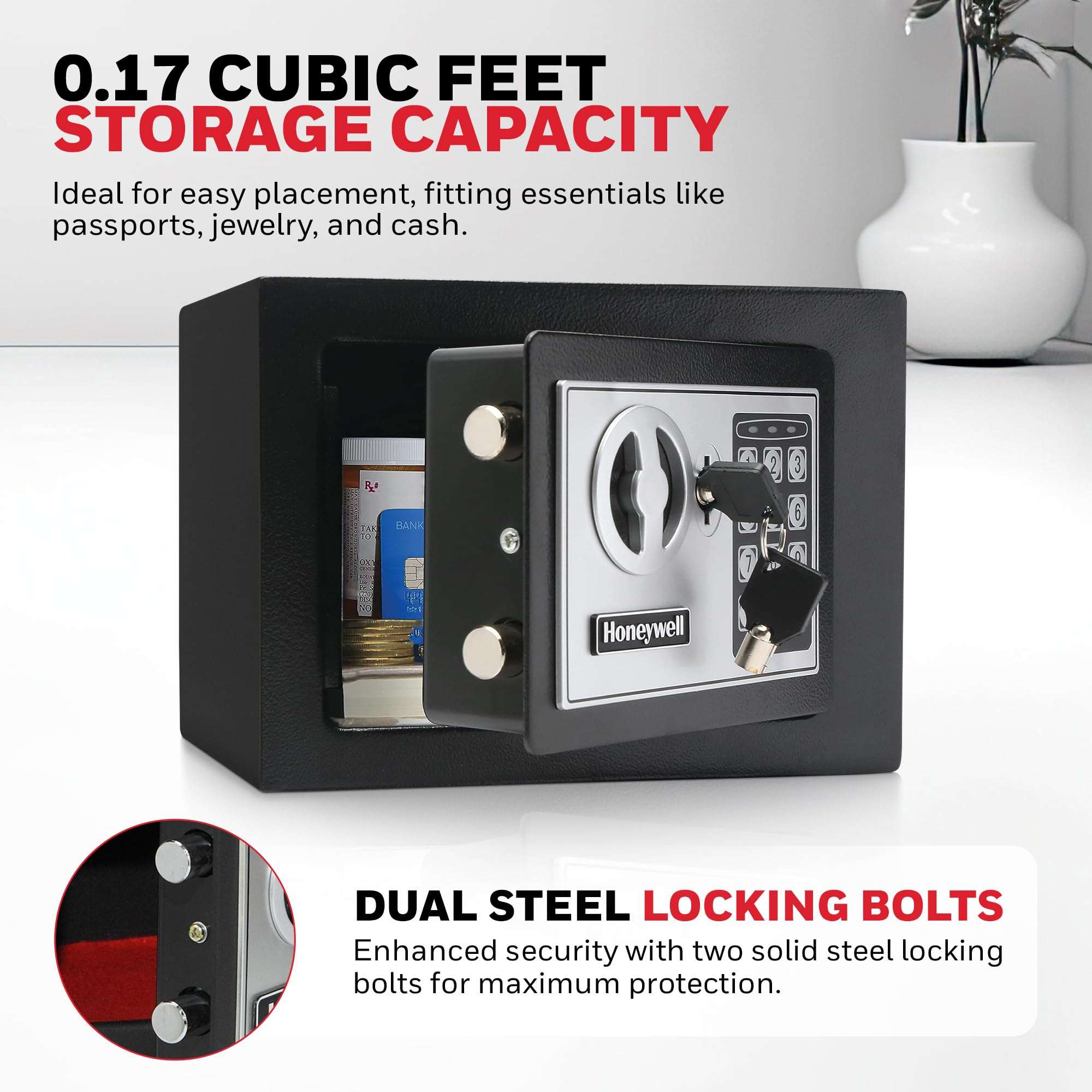Honeywell Safes & Door Locks - Bolt Down Small Safe Box with Digital Lock for Home - Steel Security Electronic Lock Box - Cabinet & Door Design Safe with 2 Keys - 0.17-Cubic Feet - Black - 5005 5