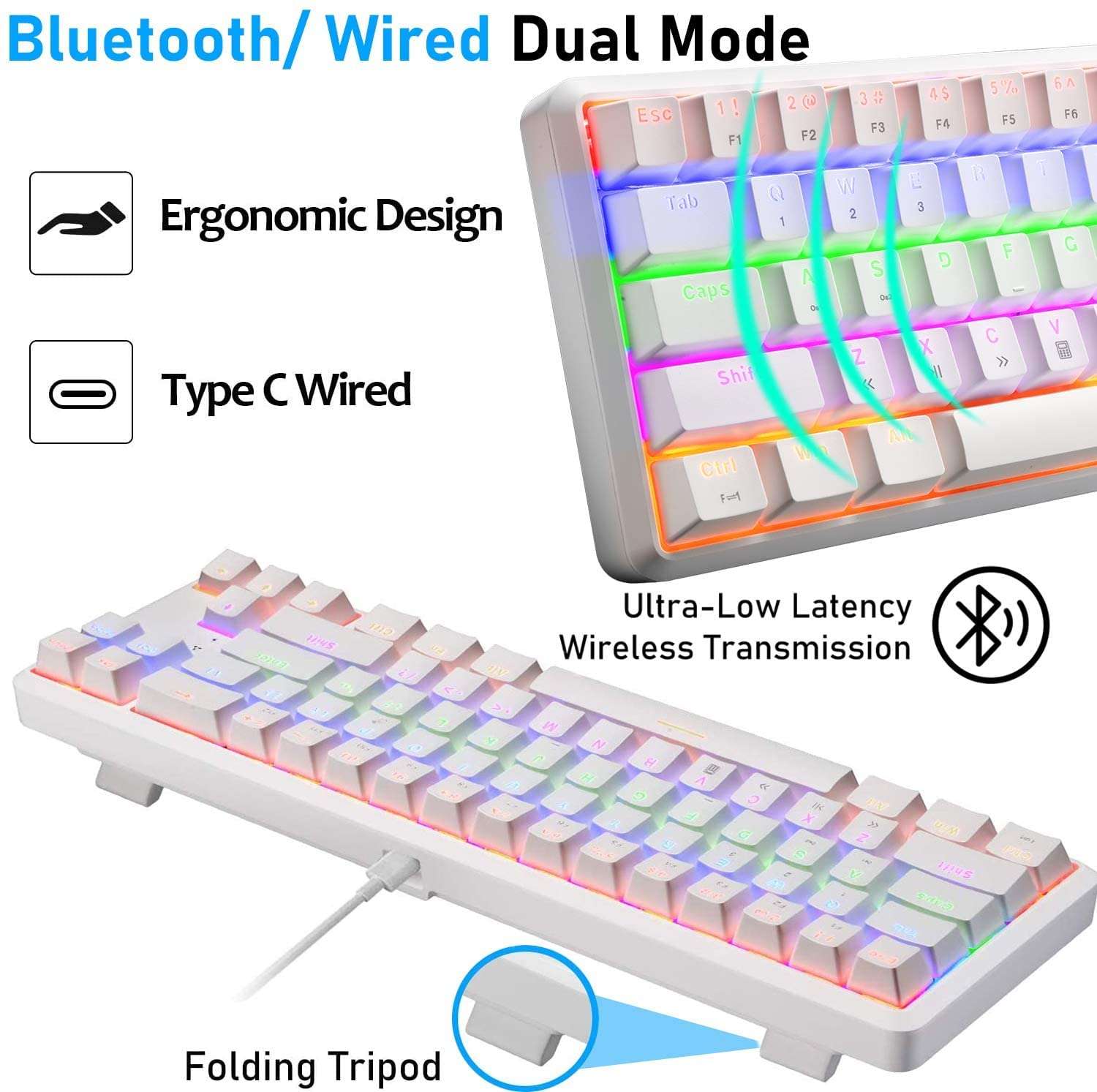 Wireless Mechanical Gaming Keyboard,60% Ultra-Compact Blue Backlit Rechargeable Bluetooth Dual Wired/Wireless Blue Switches Computer Keyboard for Multi-Device Phone Android Mobile(White Rainbow) 3
