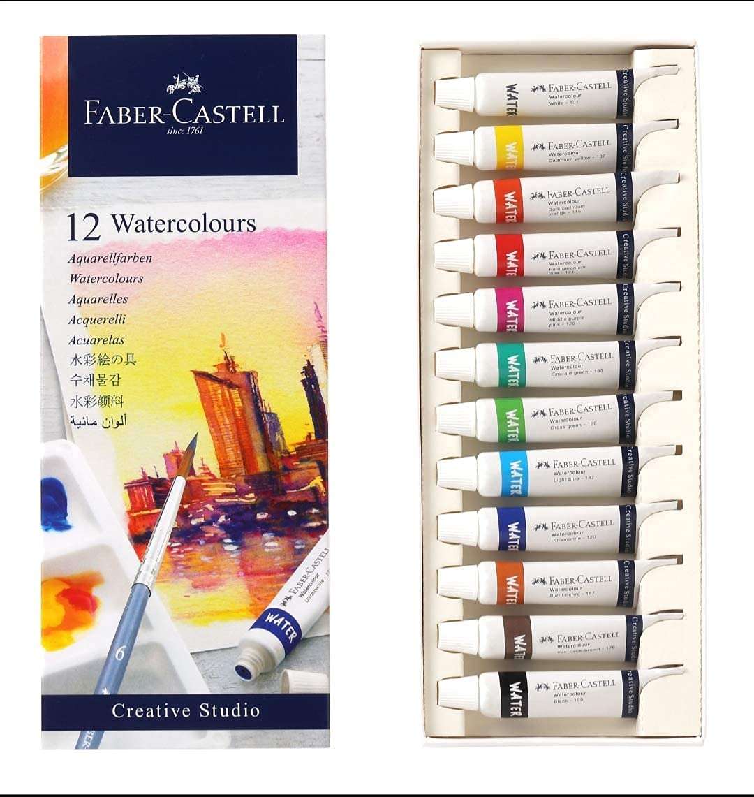 Faber-Castell Creative Studio Watercolours 9 ml Set of 12 Synthetic Hair Flat Assorted Paint Brush, Set of 4 4
