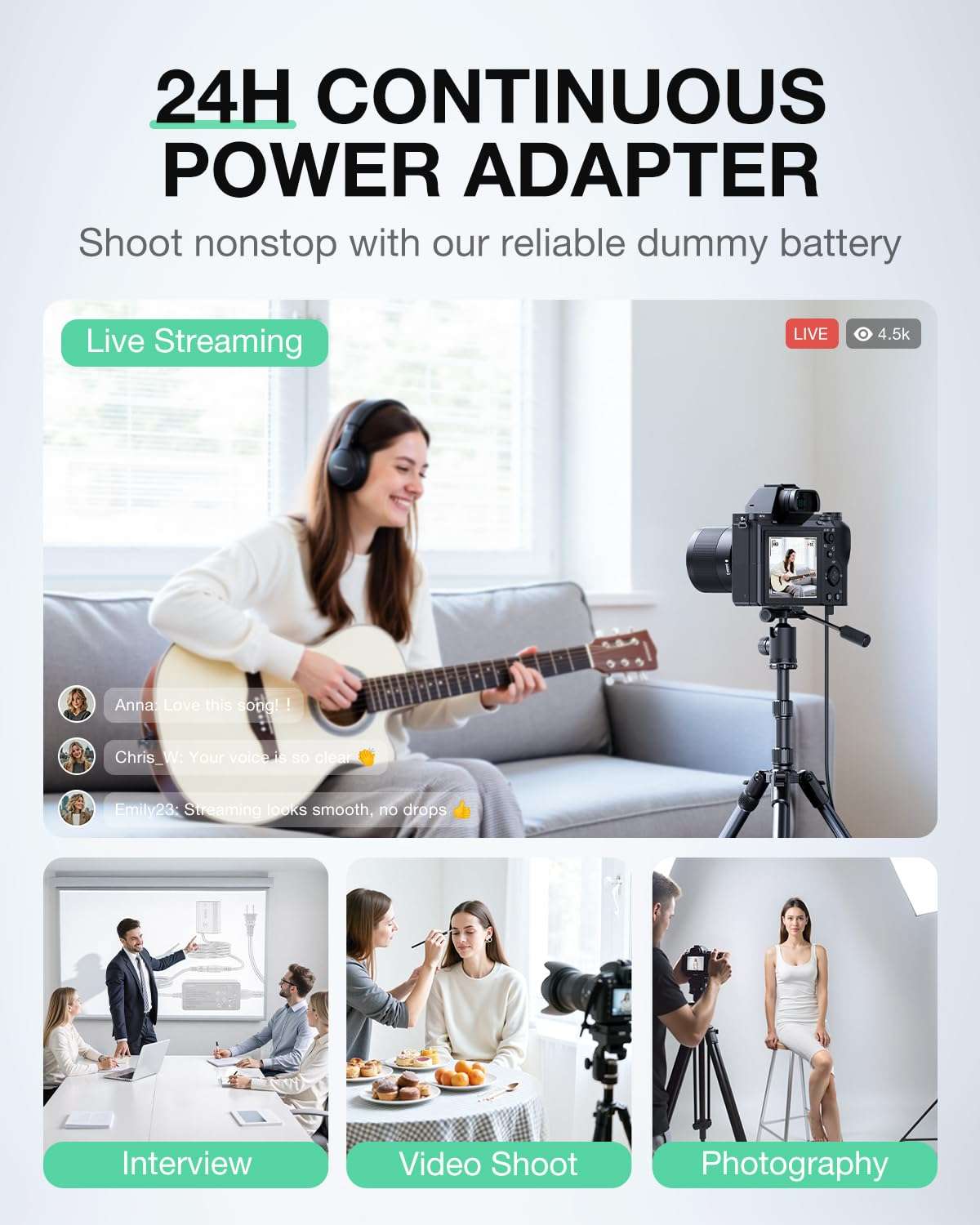 llano LP-E6 LP-E6N LP-E6NH Dummy Battery AC Power Adapter Kit Compatible with Canon EOS R6/R7 Mark II, 5D/6D/7D Mark II/III/IV, 60D/70D/80D/90D Continuous Power Supply for Studio Shoots 3