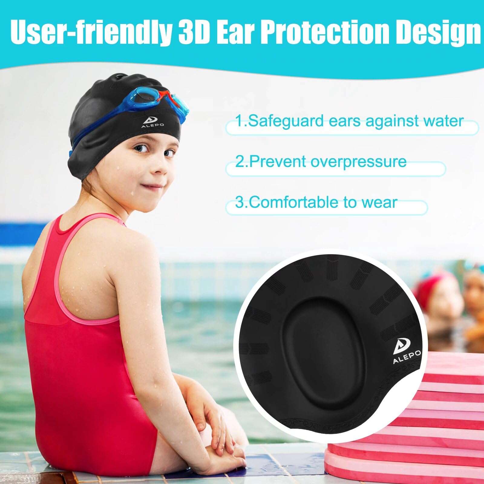 2 Pack Kids Swim Caps for Boys Girls, Durable Silicone Swimming Cap with 3D Ear Pockets for Age 3-15 Toddler Child Youth Teen, Unisex Swim Bath Hats for Short/Long Hair with Ear Plugs Nose Clip-2 6