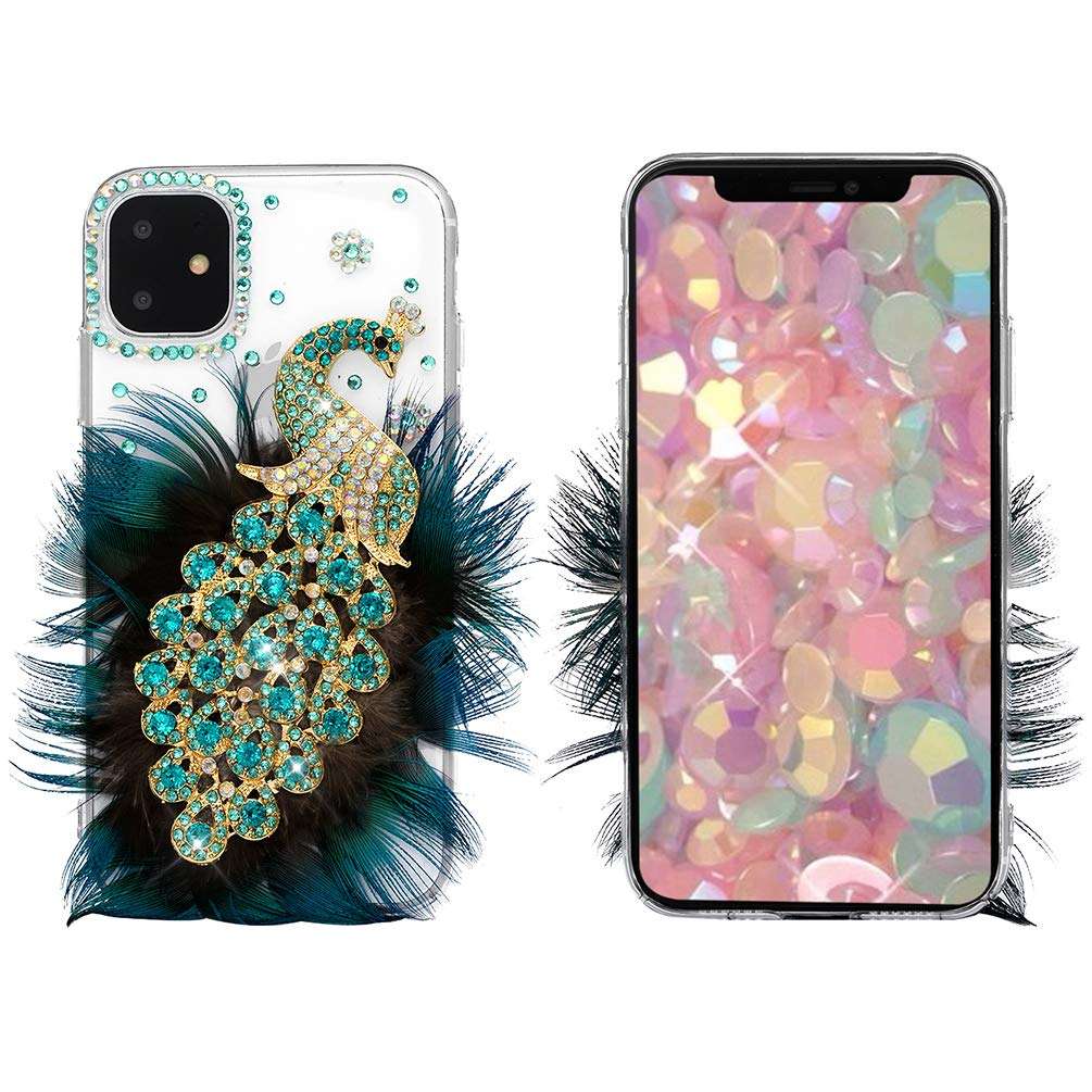 Mavis's Diary iPhone 11 Case 3D Handmade Luxury Peacock with Green Blue Feather and Shiny Bling Glitter Sparkly Diamond Glitter Rhinestones Gems Crystal Clear Hard Back Case Cover 4