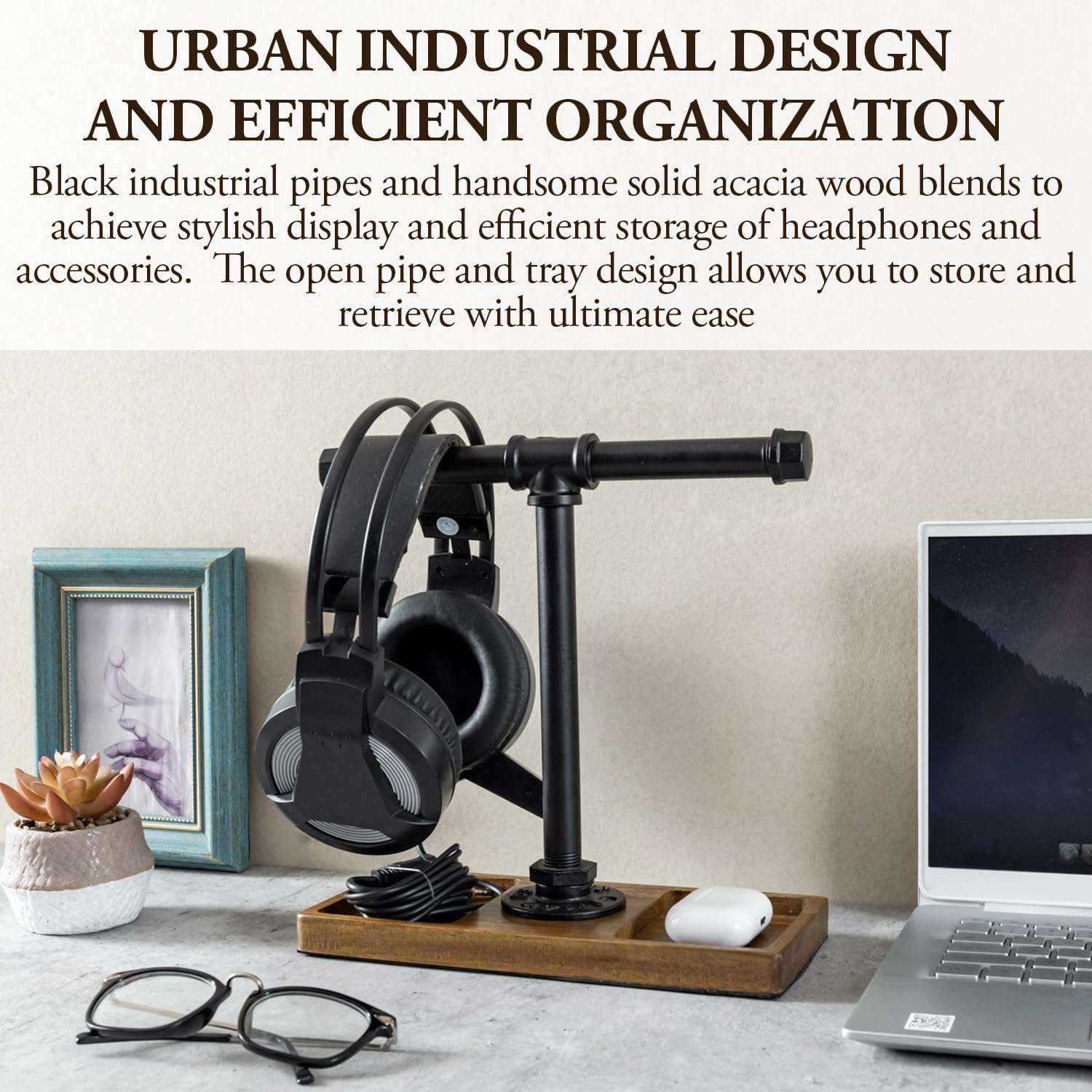 MyGift Premium Acacia Solid Wood and Industrial Black Metal Pipe T-Bar Over Ear Headphones Holder, Tabletop Dual Headphone Display Stand with Accessories Tray 2