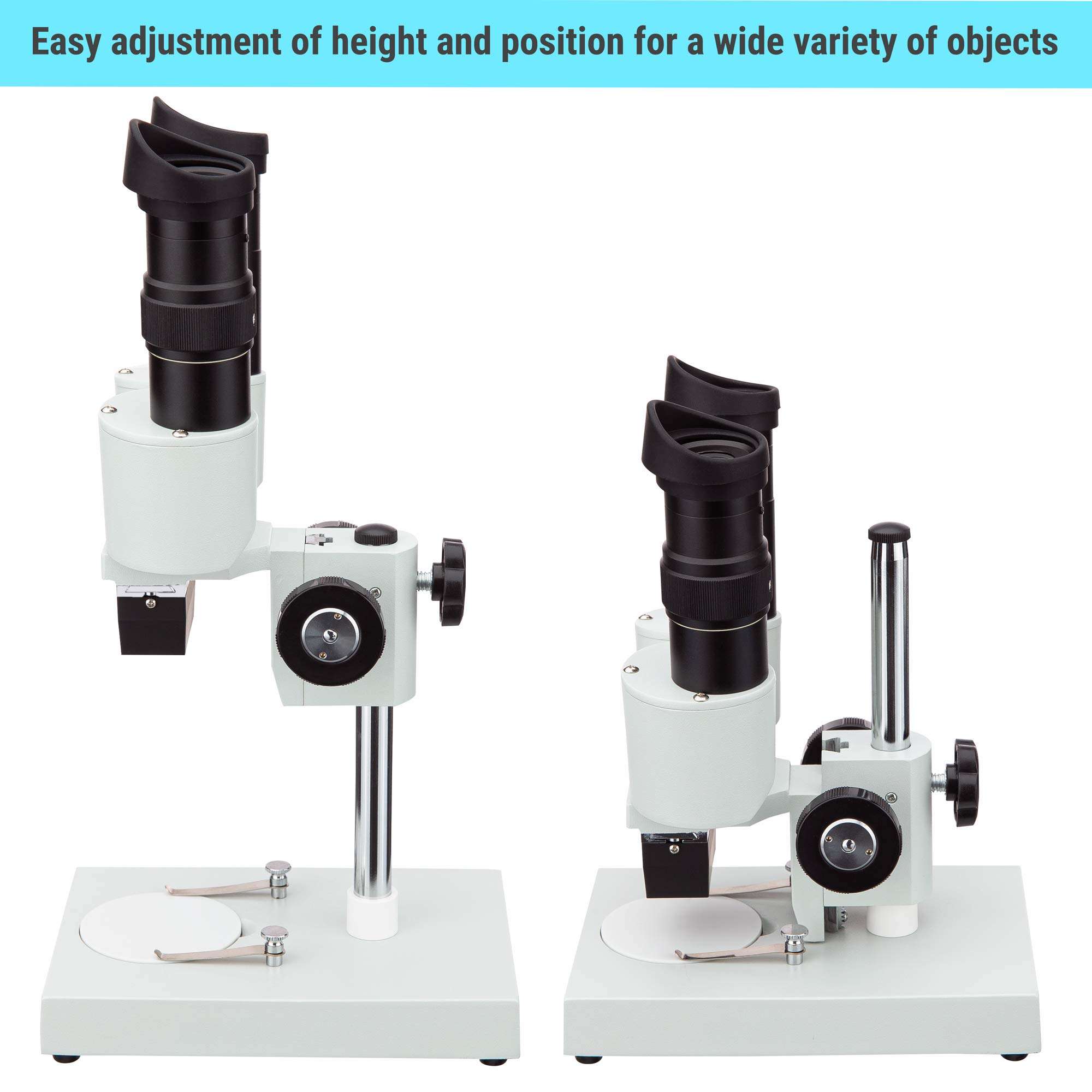AmScope SE104-P Portable Binocular Stereo Microscope, WF10X Eyepieces, 20X Magnification, 2X Objective, Ambient Lighting, Reversible Black/White Stage Plate, Pillar Stand 3