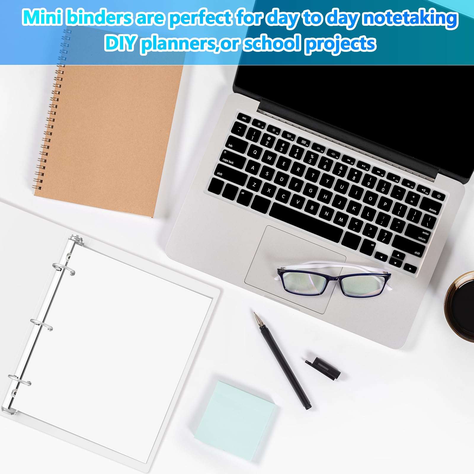 Henoyso 12 Pcs Plastic Mini 3 Ring Binder, Fits 5.5" x 8.5" Paper, Three Round Rings Flexible Mini Binders for School, Office Use, Recipe Binder, Photo Album Pages(1 Inch,White) 5