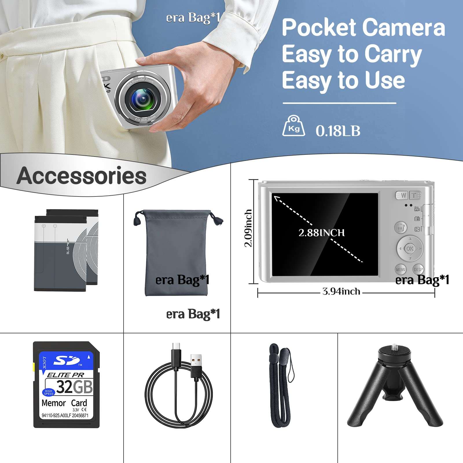 Digital Camera, Mini Camera with 2.8" Screen 16X Digital Zoom, VJIANGER 4K Vlogging Camera 48MP Pocket Camera for Kids Teens Aldults with 32GB SD Card & 2 Rechargeable Batteries & Tripod(DC6-4 Silver) 3