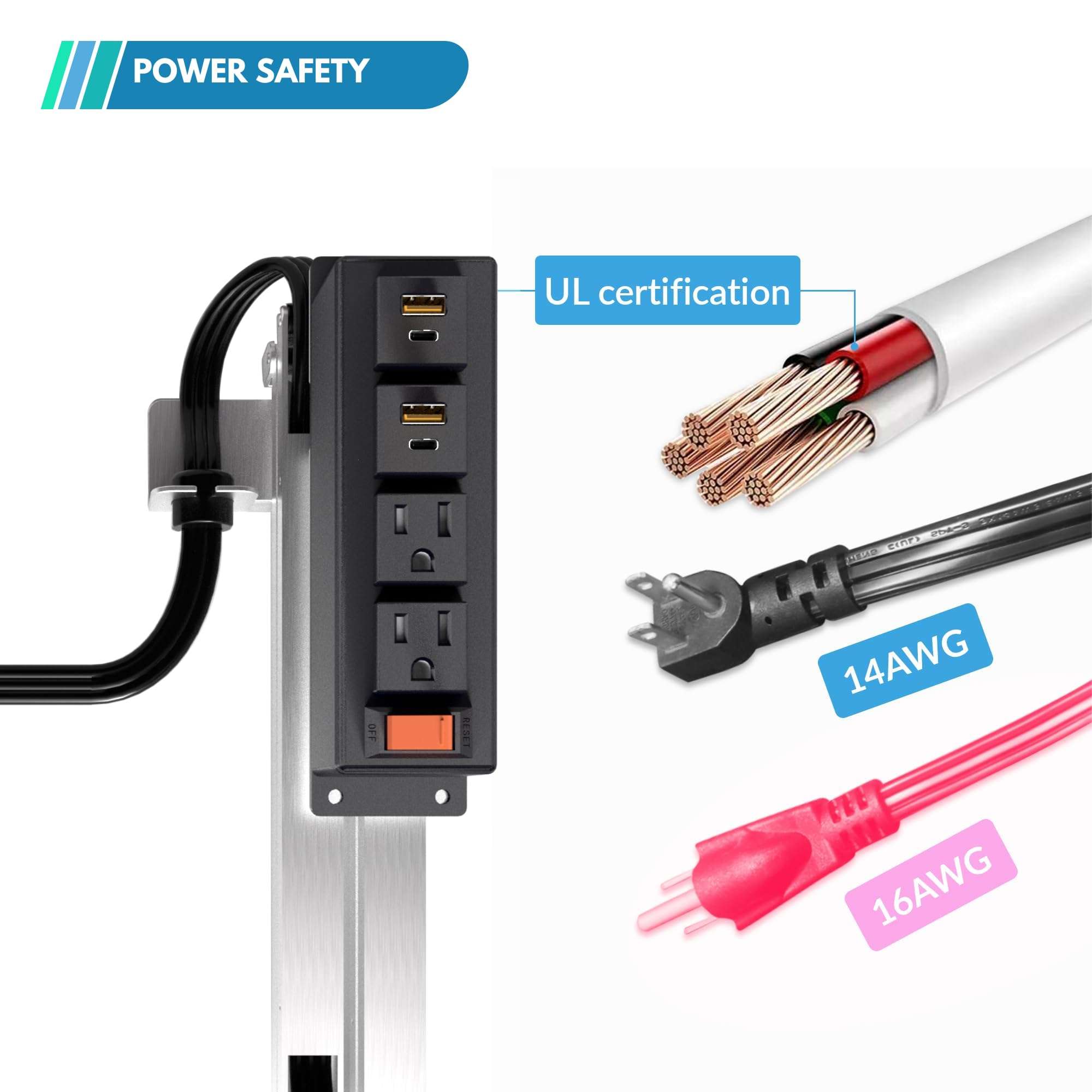 Drawer Outlet Kit with PD 20W USB-C Charging Station(2), AC(TR)(15Amp) Outlets(2), (14 AWG) Power Cable, Aluminum Cord Management Arm for Wide Drawer Bathroom Kitchen Bedroom Offices Cabinets(Black) 5