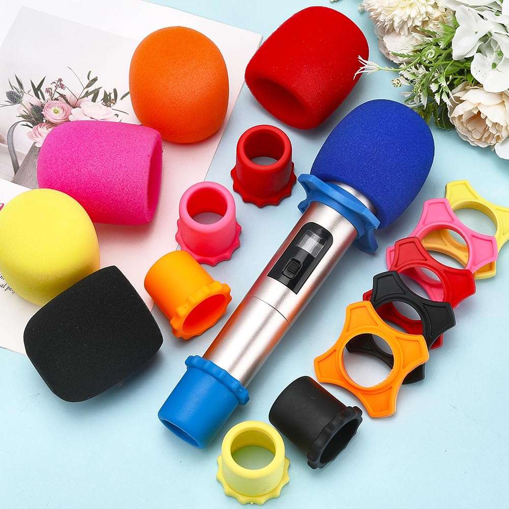 CREATCABIN 8 Sets 6 Colors Microphone Silicone Sleeve Sponge Microphone Cover Colorful Column Handle Hygienic Mic Mike Karaoke Windscreen Protectors Sleeves for KTV Karaoke Bar News Interview Mic 4
