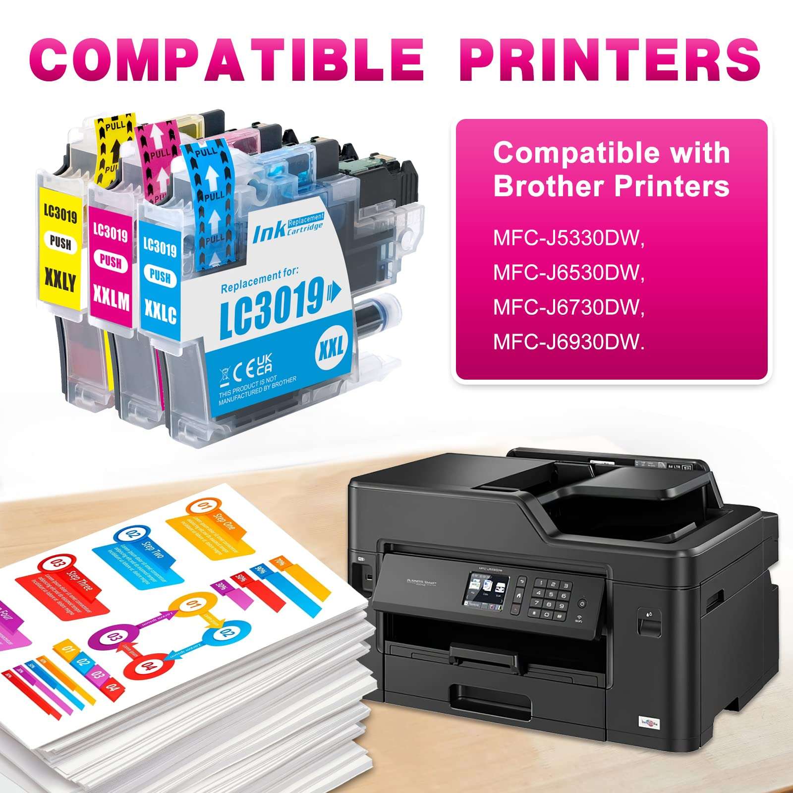 InnerTeck 3 Color Replacement for MFC-J6530DW J6930DW LC3019 XXL LC30193PK Cyan Magenta Yellow High Yield Ink Cartridges Work for Brother MFC-J6530DW MFC-J6930DW MFC-J6730DW MFC-J5330DW Printer 2