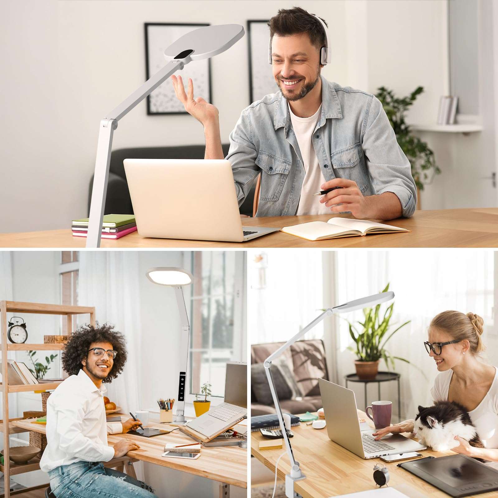 LitONES LED Desk Lamp for Home Office, 15W Desk Light with C- Clamp, Swing Arm, Memory & Timer Function, 1200LM Dimmable Computer Light for Video Calls, Conference, Study (White-Clamp) 3