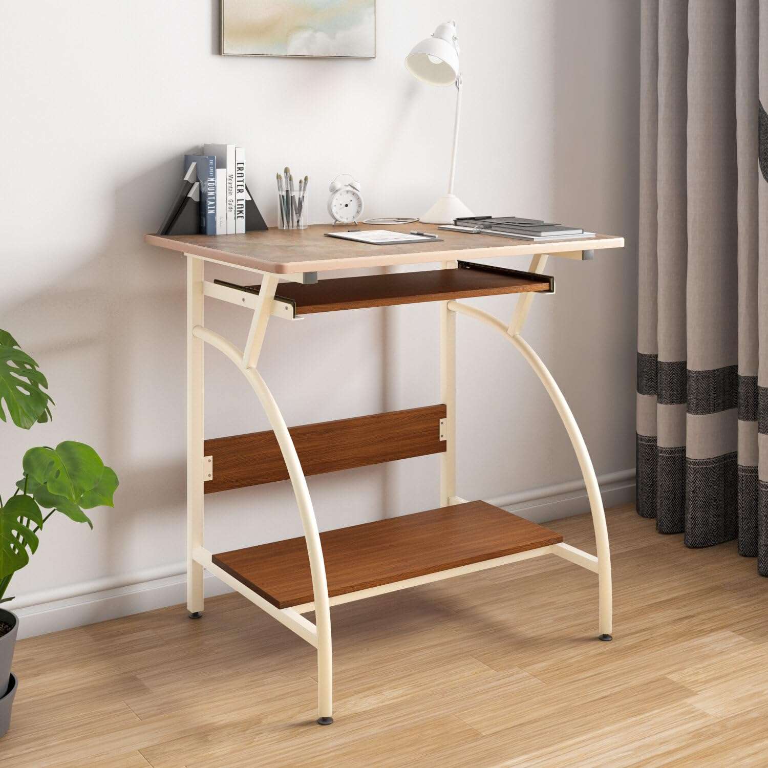 Nilkamal Alwin Computer Table|Engineered Wood|Dedicated Keyboard Drawer|CPU Shelf|Ideal for Living Rooms, Bedrooms, Offices, Library, Computer Rooms|Ivory/Walnut 1