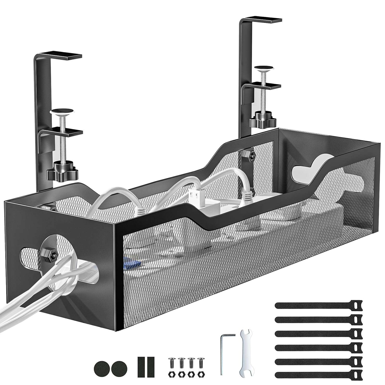 Under Desk Cable Management Tray Black, Litwaro Cable Management Under Desk No Drill, Cable Organizer with Clamp for Wire Management, Cord Organizer No Damage to Desk for Office, Home