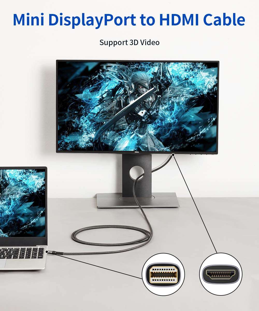 JSAUX Mini DisplayPort to HDMI Cable 10FT, Thunderbolt 2 to HDMI Mini DP Cord FHD Nylon Braided Gold-Plated Monodirectional for MAC/MacBook Air/Pro, Surface Pro/Dock, Monitor, Projector More-Grey 2