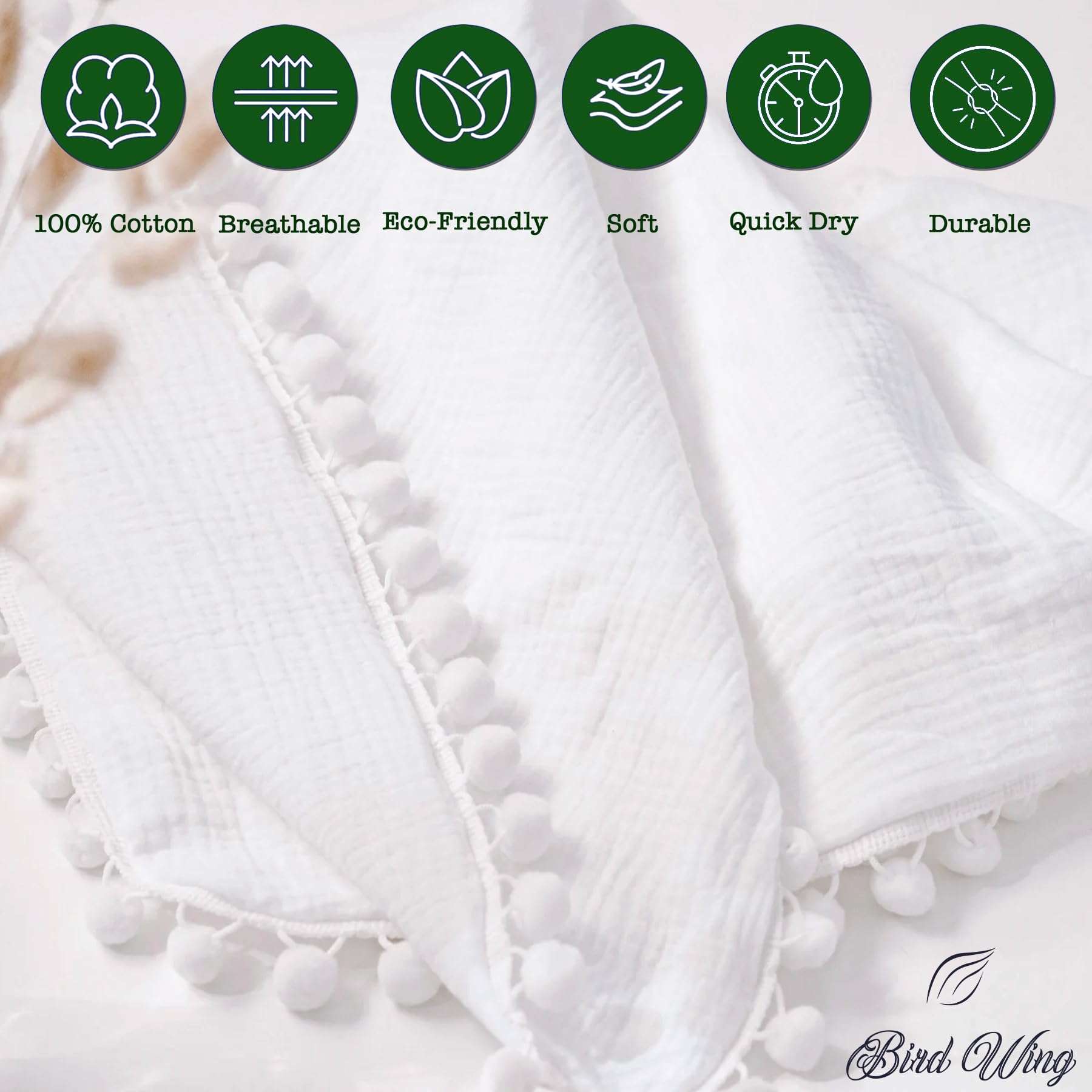 Bird Wing | White Swaddle Muslin Blanket with Pom Pom All Around,Newborn Baby Wrap, Cute Pom Pom Blanket for Infants. | Size : 100 X 120 CM (40x47 Inch) Pack of 1 6