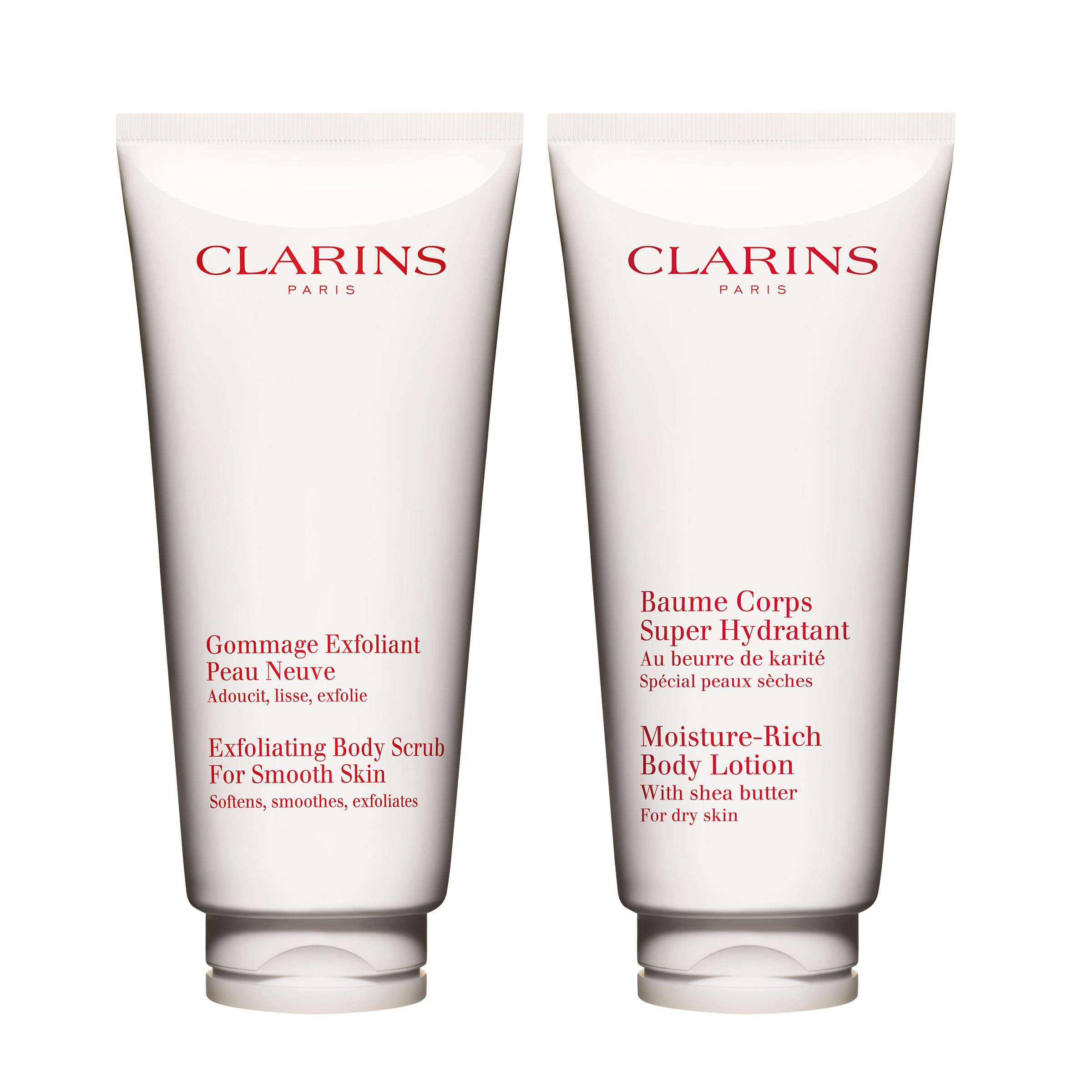 Clarins Moisture-Rich Body Lotion and Exfoliating Body Scrub for Smooth Skin Bundle | Body Cream Intensely Hydrates Very Dry Skin | Softening and Smoothing Body Scrub 1