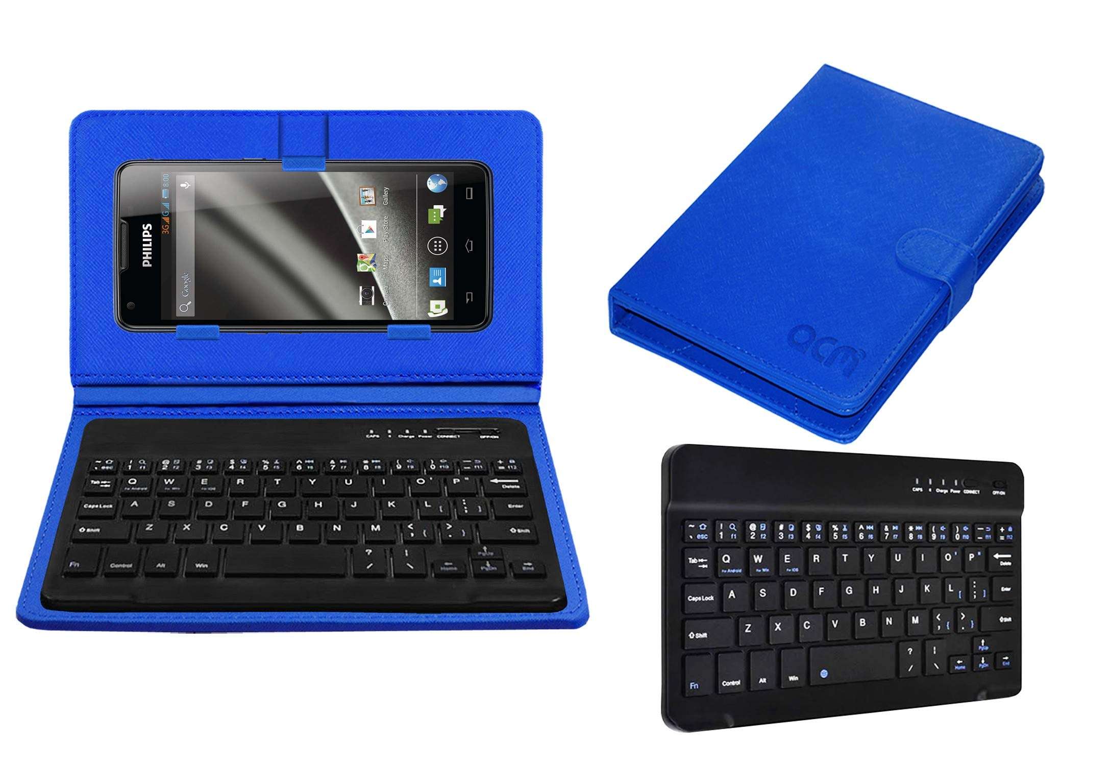 Acm Bluetooth Keyboard Case Compatible with Philips Xenium W6610 Mobile Flip Cover Stand Study Gaming Blue 1