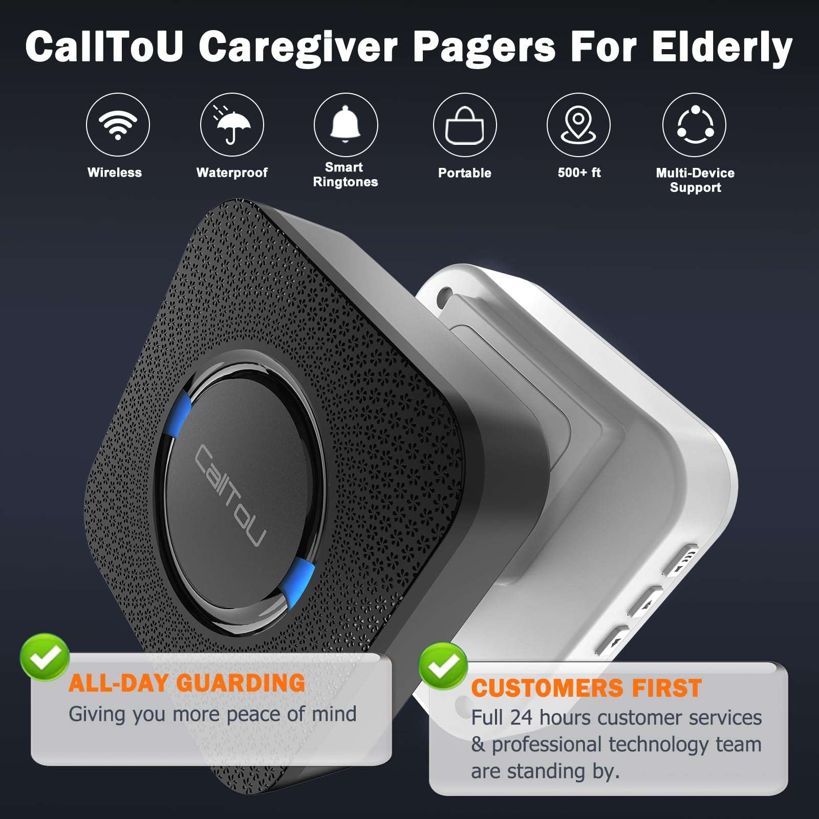 CallToU Caregiver Call Button Wireless Call Bell Alert Button for Seniors/Patients Call Light System for Elderly Home 2 Plugin Receiver 4 Waterproof Transmitter 3
