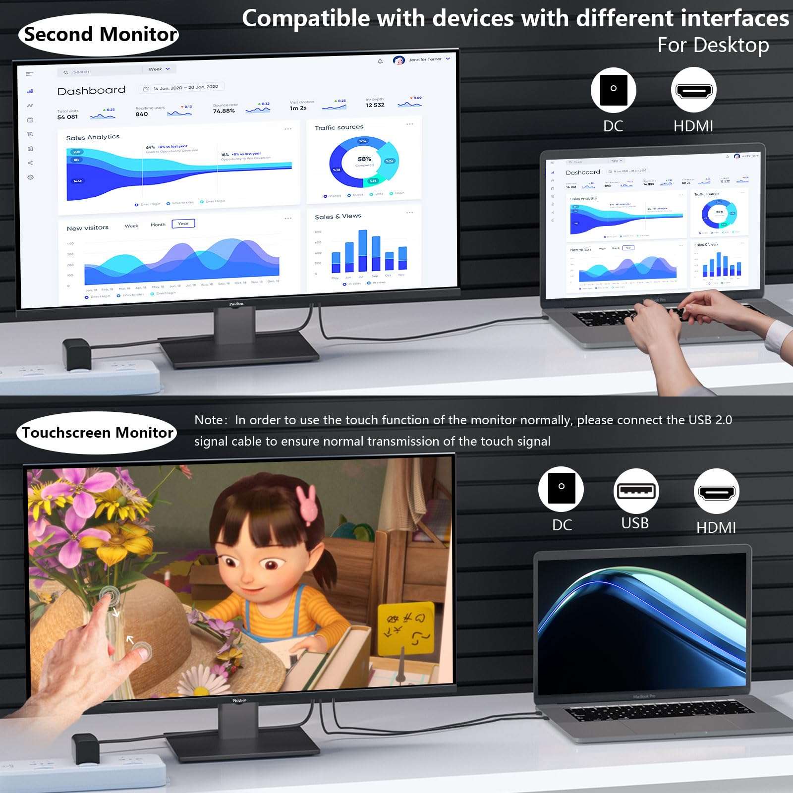 Pisichen Computer Monitor, 22 Inch PC Monitor HD 1920x1080, Monitor with HDMI & VGA Interface, 5ms, 75Hz, Brightness 250 cd/m², Computer Screen for Laptop/PS3/PS4, Built-in Speakers 5