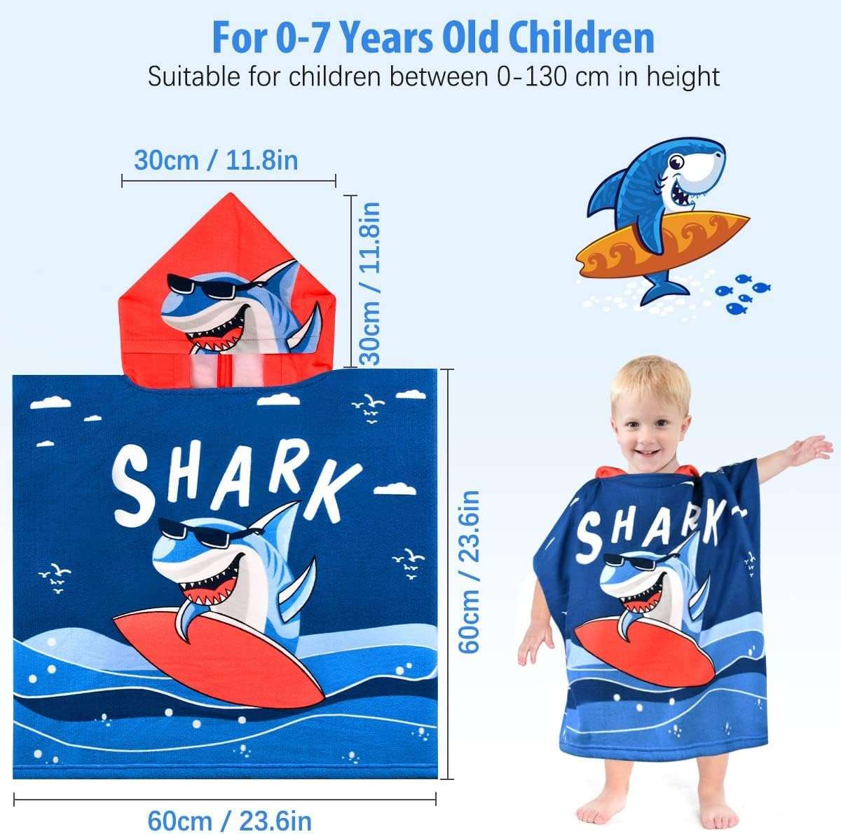 Famyo® Dark Blue Shark Dive Poncho Towel for Kids | Hooded Bath Towels | 60 x 60cm Toddler Pool Towel for Boys & Girls, 1-7 Years | Cute & Cozy Bath/Beach Towel 4