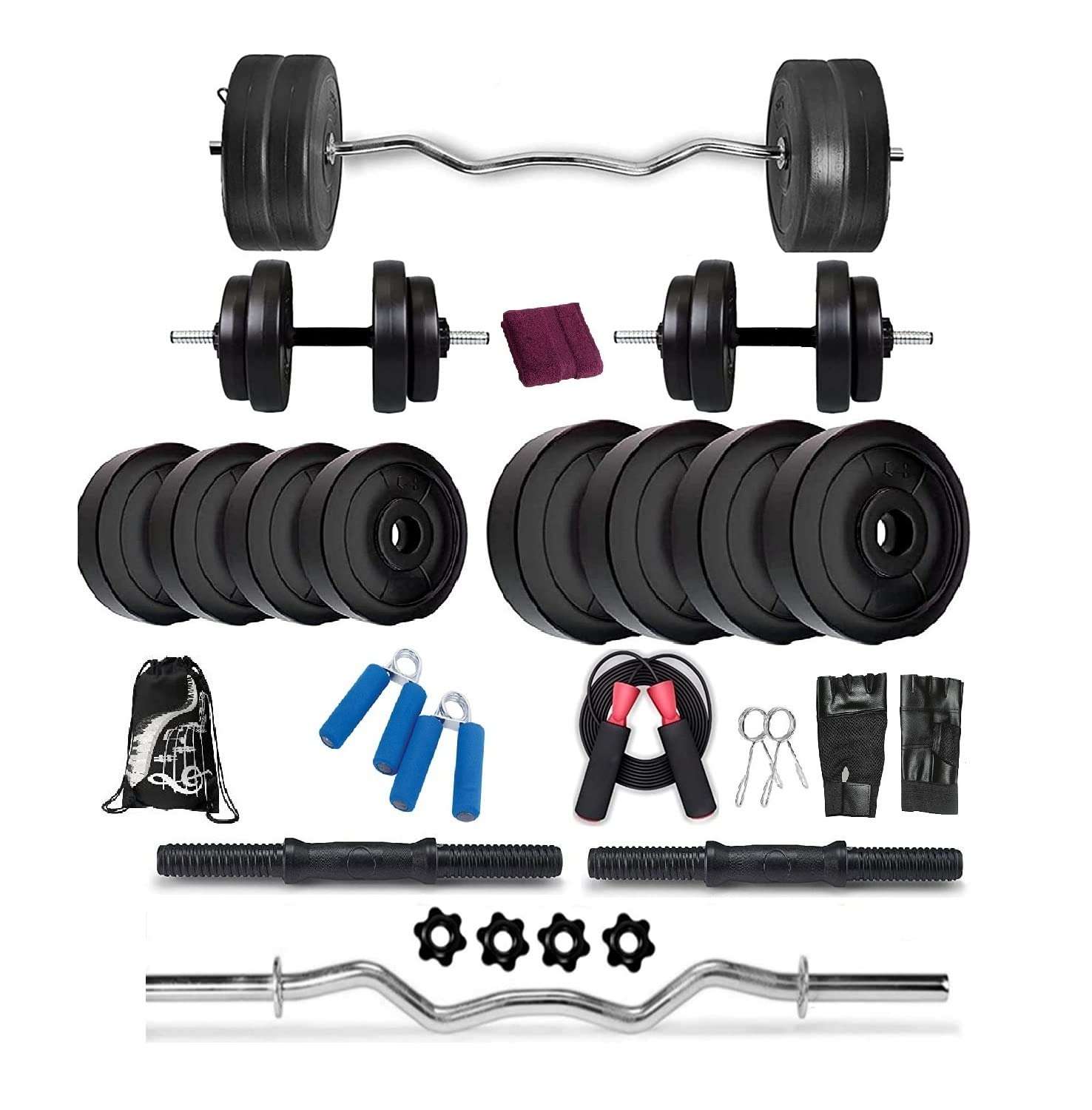 BODYFIT Home Gym Combo Set, Gym Equipments, [8 kg-52 kg] with 3 Ft Curl Rod + 1 Pair of Dumbbell Rod with PVC Dumbbell Plates, Exercise Set, Home Gym Kit with Gym Bag (10KG COMBO SET) 1