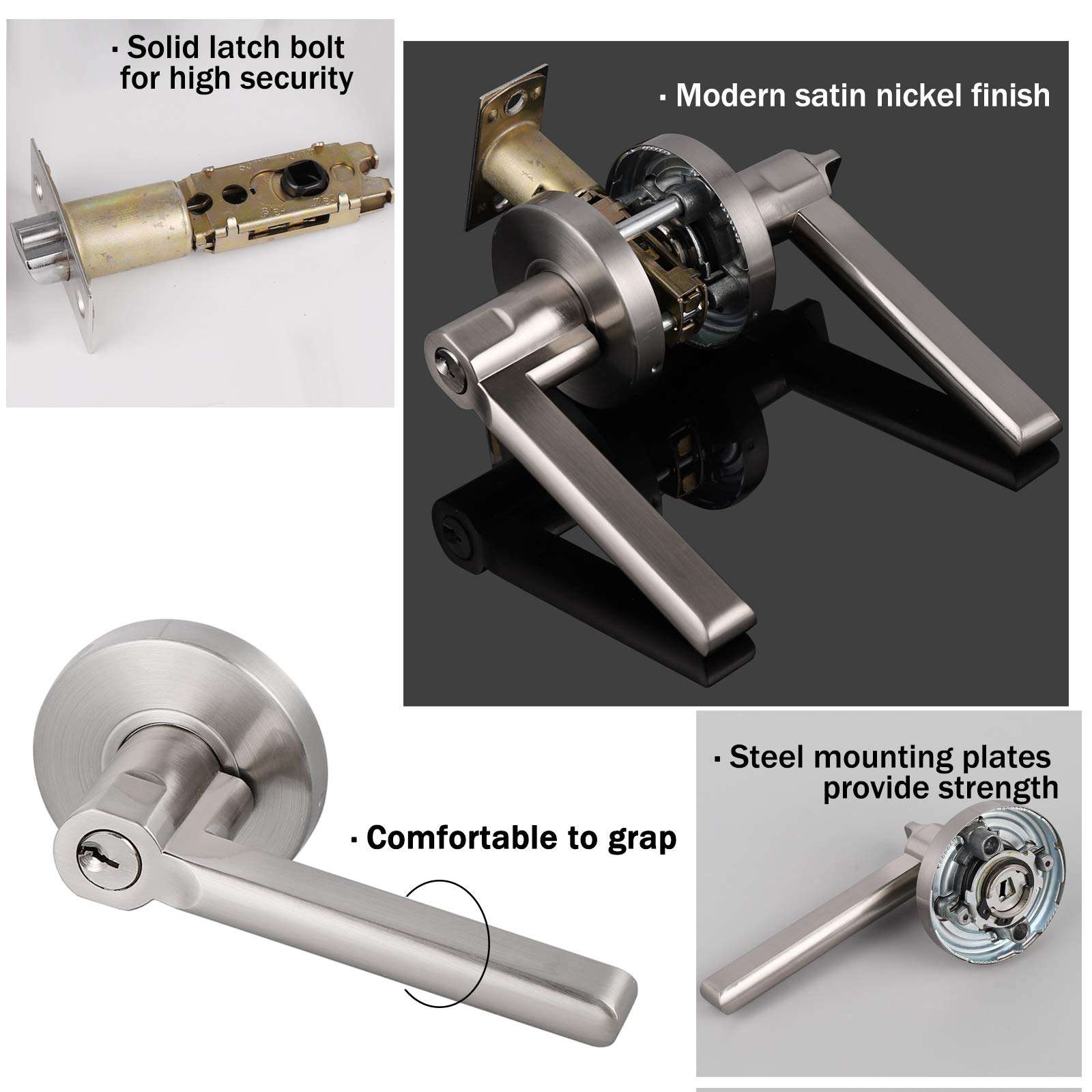 Knobonly 5Pack Exterior Entry Door Handle Lock with Same Keys, Right Handed Heavy Duty Satin Nickel Door Handleset, Entrance Front Door Handles in Brushed Nickel, Keyed Alike Door Lever 5